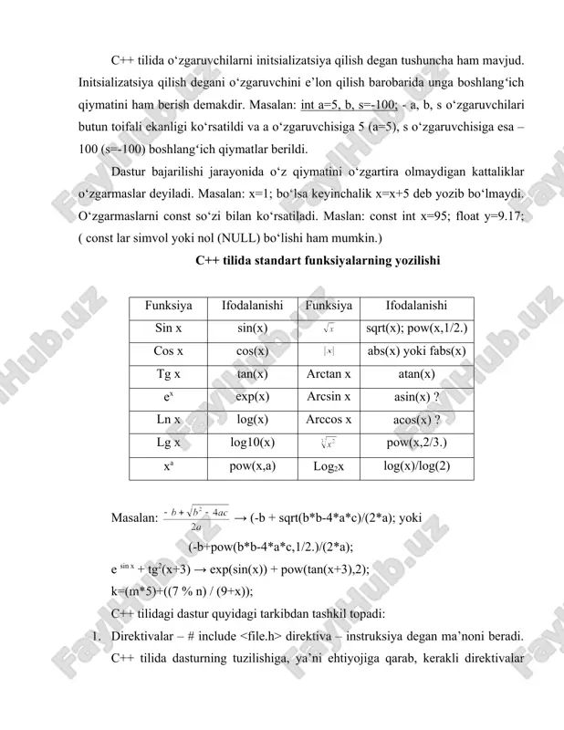 jami 32 ta): · #include - s da oddiy kiritish/chiqarish dasturi uchun. bu yerda std - standart, i – input, o - output degani. · #include - c++ da kiritish/chiqarish uchun, oddiy amallar bajarilsa. · #include - standart funksiyalarni ishlatish uchun. · #include - dasturning tashqi ko‘rinishini shakllantirish uchun. · #include - satr toifasidagi o‘zgaruvchilar ustida amallar bajarish uchun. · #include - standart kutubxona fayllarini chaqirish uchun. · #include - kompyuter ichidagi soat qiymatlaridan foydalanish uchun. · #include - c++ tilining grafik imkoniyatlaridan foydalanish uchun. bu fayllar maxsus kutubxonaning e’lon fayllari hisoblanadilar va ular alohida include deb nomlanadigan papkada saqlanadi. hozirda c++ kutubxonasini yangilandi va undagi fayllarning nomlaridan .h (head – bosh ma’nosida) kengaytmasi olib tashlandi va oldiga c harfi qo‘shildi (c dan qolgan 18 tasiga). bu fayllarda funksiya prototoifalari, toifalari, o‘zgaruvchilar, o‘zgarmaslar tariflari yozilgan bo‘ladi. direktivalar dasturni uni kompilyatsiya qilinishidan oldin tekshirib chiqadi. 2. makroslar - # define makro …