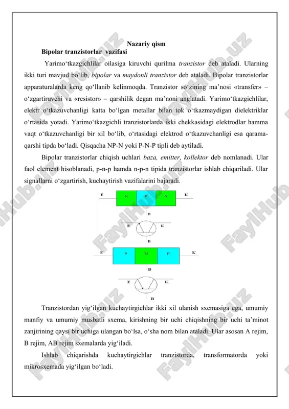 ymatini aniqlaymiz. odatda rk quyidagi tengsizlikdan aniqlanadi: bu yerda kr r rezistor qarshiligi va r yuklama qarshiliklarining bog’liqligini xisobga oluvchi koeffisiyent; kr = (1,2 – 1 ,5) – past yuklamalar uchun (r 1k om), kr = (1,5 – 5,0) – yuqori yuklamalar uchun (r > 1k om). r = 0,09 k om k = 0.09, k 1+ k 1 r = k om r = 0.18 k om rezistor qarshiligi qiymatini aniqlaymiz. r ni quyidagi shart asosida aniqlanadi: r = (0,1 ÷ 0,5) r r ning qiymati qanchalik katta bo‘lsa, doimiy tok bo‘yicha manfiy qayta bog’lanish (q.b) shuncha chuqur bo‘ladi va binobarin, sxemaning issiqlik bo‘yicha stabilligi shuncha yaxshi bo‘ladi. kollektor tokining nisbiy chetga chiqishi haroratning 400k belgilangan oralig'ida uncha katta bo‘lmasligini xisobga olib, quyidagiga ega bo‘lamiz. re = 0,5 ∙ rk = 0,5 ∙ 0,18 = 0.09 kom. 3- rasmdagi chiqish tavsifnomalaridan ikkita nuqta bo‘yicha yuklama to‘g'ri chizig'ini quramiz. 1–inchi …