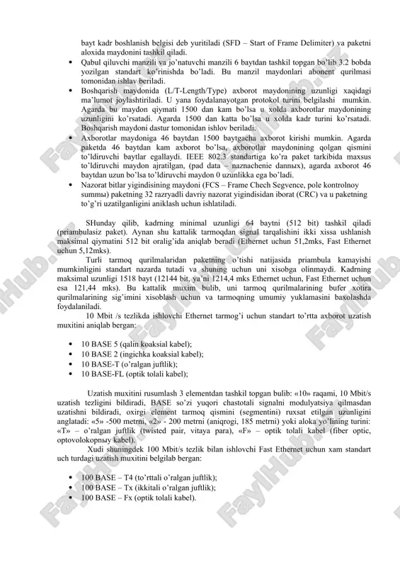 nazariy jixatdan 6,5 km ga etishi mumkin, lekin amalda esa 2,5 km dan oshmaydi. 1.1.1 – rasm. ethernet tarmoq topologiyasi fast ethernet tarmog’ida jismoniy «shina» topologiyasidan foydalanish ko’zda tutilmagan, faqat «passiv yulduz» yoki «passiv daraxt» topologiyasi ishlatiladi. shuningdek fast ethernet tarmog’ida tarmoq uzunligiga qattiq talablar va chegara qo’yilgan. paket formatini saqlab qolib, tarmoq tezligini 10 baravar oshirilganligi tufayli tarmoqning minimal uzunligi 10 baravar kamayadi (ethernet dagi 51,2 mks o’rniga 5,12 mks). signalni tarmoqdan o’tishining ikki xissalik vaqt kattaligi esa 10 marotaba kamayadi. ethernet tarmog’idan axborot uzatish uchun standart kod manchester – ii ishlatiladi. bu xolda signalning bitta qiymati nolga, boshqasi manfiy qiymatga ega, ya’ni signalni doimiy tashkil qiluvchi qiymati nolga teng emas. galvanik ajratish adapter, repiter va kontsentrator qurilmalri yordamida amalga oshiriladi. tarmoqning uzatish va qabul qilish qurilmalari boshqa qurilmalardan galvanik ajralishi transformator orqali va aloxida elektr manbai yordamida amalga oshirilgan, tarmoq bilan kabel to’g’ri ulangan. ethernet tarmog’iga axborot uzatish …