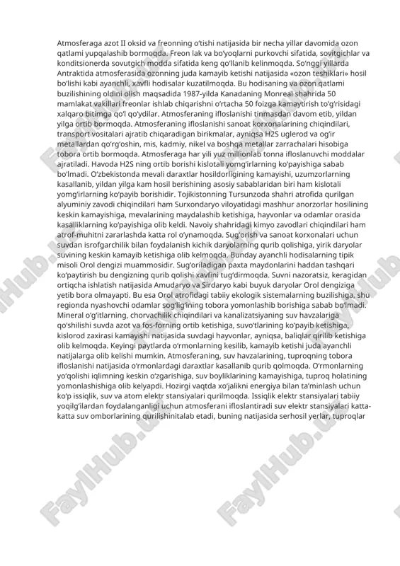 ( 9-20- betlar). 2-rasm. aholi o’sishi insonning biosferaga ta’siri. insonning biosferaga ta’sirining boshlanishi neolit davriga to‘g‘ri keladi. insoniyat tarixining dastlabki bosqichlarida uning tabiatga ta’siri uncha sezilarli bo‘lmagan, u tabiatdan nimani olsa, uni tabiatga qaytargan. biosferadagi moddalarning biotik davriy aylanishini buzmagan. asta- sekin insonning tabiatga ta’siri kuchayib borgan. ayniqsa, keyingi yuz yilliklarda ilmiy-texnik revolutsiya natijasida inson ta’sirida elementlarning biogen migratsiyasi juda kuchayib ketdi. butun tarix davomida insoniyat o‘z mehnat faoliyati bilan atrof-muhitdan iloji boricha ko‘proq va tez foyda olishga harakat qilib kelgan. tabiat hodisalariga aralashish keyinchalik qanday natijalarga olib kelishini inson xayoliga ham keltirmagan. keyingi asrda insonning biosferaga ko‘rsatadigan ta’siri juda kuchayib ketdi va o‘g‘ir muammolarning kelib chiqishiga sabab bo‘ldi. tabiiy resurslar tobora kamayib ketmoqda. ko‘plab o‘simlik va hayvonlarning turlari yo‘qolib ketdi. muhit, sanoat, turmush chiqindilari, zaharli kimyoviy moddalar tomonidan ifloslanmoqda va zaharlanmoqda. tabiiy ekosistemalar, ko‘llar, o‘rmonlar buzilmoqda. biosferadagi bunday noqulay o‘zgarishlar o‘simliklar va hayvonot olamiga, insonning o‘ziga ham kuchli ta’sir …