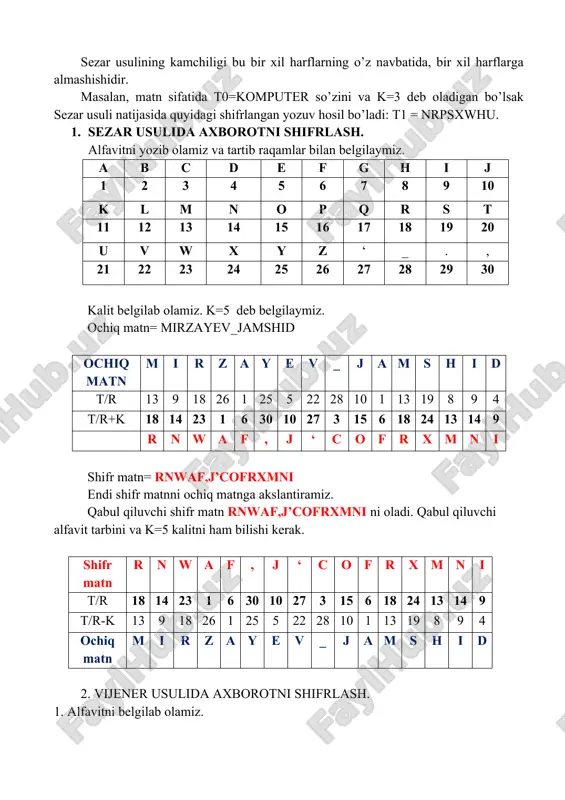 matnni jadvalga yozib kalit ochiq matn pastki qismiga mos holda joylashtirib chiqamiz. k o m p y u t e r t a l a b a t a l , o x p z u i e . jadvaldan foydalanib ochiq matn belgilarni ustun bo’yicha kalit belgilarini qator bo’yicha kesishmasidagi belgini birma-bir yozib chiqamiz. belgilarni jamlab shirf matnni hosil qilamiz. shifr matn= ,oxpzuie. topshiriq variantlari talaba ushbu amaliy ishda o’z ismi, familiyasi va otasini ismini ochiq matn sifatida oladi va sezar hamda vijiner shifrlash usulida shifrlaydi, deshifrlaydi. bajargan ishi bo’yicha hisobot yozadi. hisobotda quyidagi axborotlar bo’lishi zarur: · amaliy ish nomi va raqami · amaliy ishni bajargan talaba fio, guruh raqami. · amaliy ishni bajarish ketma ketligi. · amaliy ishda olingan natijalar (jadval, rasm, grafika va h.k.) o‘rin almashtirish shifrlash algoritmi o‘rin almashtirish shifrlash algoritmi uch qismdan iborat. oddiy o‘rin almashtirish, kalit yordamida o‘rin almashtirish va ikki tomonlama o‘rin …