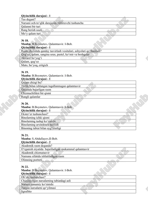 ingizda natyurmortgacha bo‘lgan masofa qancha bo‘lishi mumkin? 0,5 m natyurmortni balandligida 1,5 metr uzoqligida joy olinadi tasodifan topilgan masofa qolgan masofa 3 metr № 27. manba: s.abdullayev.ii-bob. qiyinchilik darajasi - 2 tulum degani? qush yoki hayvon tanasiga maxsus ishlov berib quritib tayyorlangan namuna hayvon va qushlarni umumiy ko‘rinishi qush va hayvon ichki tuzilishi dengiz hayvoni № 28. manba: s.abdullayev.ii-bob. qiyinchilik darajasi - 2 nima uchun qush va hayvonlarning tulumlari chiziladi? ular orqali hayvon va qushlarni skeleti va tana tuzilishi xususiyatlari tahlil qilinib o‘rganiladi tulum orqali hayvonlarni tashqi ko‘rinishi o‘rganiladi hayvonlarni chizishni o‘rganish uchun xayoldan ishlash uchun № 29. manba: s.abdullayev.ii-bob. qiyinchilik darajasi - 2 birinchi tashkil etilgan badiiy akademiyalarda qalamtasvir qanday o‘ringa qo‘yilgan? etakchi o‘ringa ikkinchi darajalik rangtasvir bilan bir o‘ringa uchinchi o‘ringa № 30. manba: s.abdullayev.qalamtasvir. ii-bob. qiyinchilik darajasi - 2 portret tushunchasi qaysi qatorda to‘g‘ri ko‘rsatilgan? ma’lum bir kishi qiyofasini aks ettiruvchi surat, asar. tasviriy san’at janrlaridan biri …