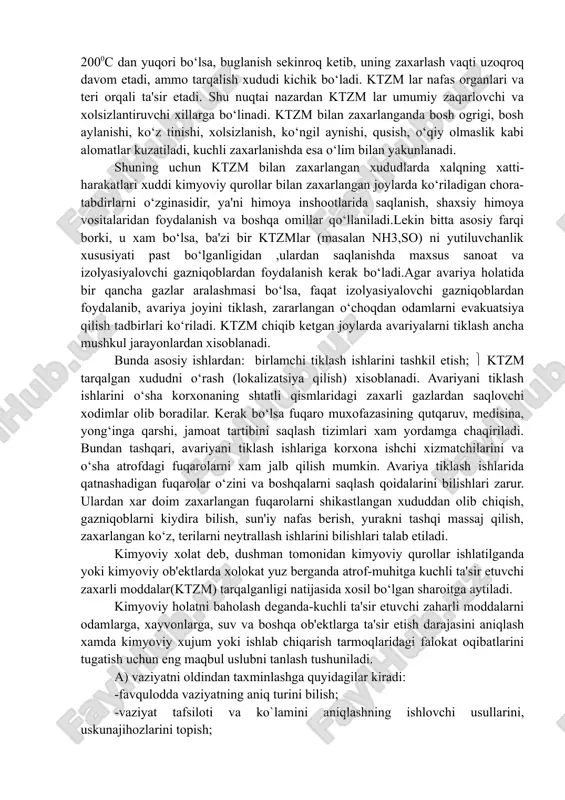 samarqand, chirchiq, farg‘ona, navoiy, angren, olmaliq mavjud. bu shaxarlarda quyidagicha miqdorda zaxarli moddalar saqlanadi: chirchiqda-1050 tonna amiak. olmaliqda-2500 tonna amiak va yana shuncha tonna sulfat kislota. angren-14 tonna xlor. farg‘ona -700 tonna amiak. samarqand-1000 tonna amiak. navoiy-137 tonna xlor, 2000 tonna nitril akril kislotasi, 96 tonna fosgen va bulardan tashqari amiak va sinil kislotalar bor. bu kuchli ta'sir qiluvchi zaxarli moddalarning saqlanishi ularni saqlashda ko‘zda tutilgan xavfsizlik chora-tadbirlarini ko‘rib qo‘yilganligi uchun ancha katta xavf manbasi bo‘lmasada, lekin biron bir avariya sodir bo‘lsa yoki tabiiy ofatlar: masalan, yer qimirlashi yoki toshqinlar bo‘lishi natijasida bu zaxarli moddalar saqlanayotgan idishlar va boshqa saqlash anjomlariga zarar yetkazilishi natijasida bu idishlar o‘z zich yopilganligini yoqotib qo‘ysa, unda zaxarli moddalar oqib ketishi ro‘y beradi va bu zaxarli moddalar suv havzalariga borib quyiladi va ularning xududimizdagi daryolar suvigi qo‘shilib ketishi juda katta maydonlarni zaxarli moddalar bilan zaxarlashda sababchi bo‘ladi. shuni eslatib o‘tish joizki, bu zaharli moddalar saqlanayotgan …