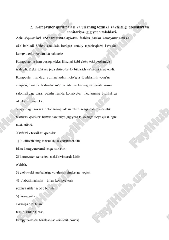 sich qonchasini ho‘l qo‘llar bilan bosh- qarish; 11) klaviatura va «sichqoncha»dan foyda langanda kuch ishlatish; 12) kompyuterni ruxsatsiz o‘chirib, ishni yakunlash ta’qiqlanadi. kompyuterdan foydalanish jarayonida baxtsiz hodisalar ro‘y bermasligi va sog‘lig‘ingizga zarar yetmasligi uchun xavfsizlik texnikasi qoidalariga so‘zsiz rioya qilishingiz kerak! sanitariya-gigiyena talablari esda tuting, kompyuterda ishlash davomida kerakli talablarga rioya et maslik inson salo matligiga katta zarar yetkazishi mumkin. ay niqsa, ko‘z, qon aylanish tizimi, bosh miya faoliyati, umurtqa pog‘onasi zaiﬂ ashuvi va turli kasalliklarning kelib chiqishiga sababchi bo‘ladi. bularning oldini olish hamda kom pyuterda ishlash davomida salomat- ligingizga zarar yetmasligi uchun quyidagi talablarga rioya qili shingiz va ularni esdan chiqarmasligingiz kerak: 1) kompyuter stolidan 20 sm uzoqlikda o‘tiring; 2) ko‘zingiz kompyuter ekranidan 50–60 sm uzoqlikda bo‘lsin, har 20–30 daqiqadan so‘ng ko‘zga dam berib turish va kompyuterda ishlash kuniga 180 daqiqadan oshmasligi zarur; 3) yelka va qo‘l tirsagi orasidagi burchak 90–120° ni tashkil qilsin; 4) kompyuter oldida o‘tirganingizda gavdangizni …