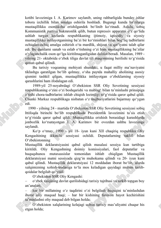 i, ulardan 9 nafari birinchi kotib, 260 nafari shahar va tuman kotiblari etib tayinlandilar . bu almashtirishlar boshqa sobiq sovet va xo‘jalik organlarini ham chetlab o‘tmadi. natijada rahbar xodimlarning aksariyatida kelajakka ishonchsizlik, umidsizlik, vazifalariga nisbatan mas’uliyatsizlik tuyg‘usining kuchayishi sezilgan bo‘lsa, boshqa bir qismida mavjud vaziyatdan foydalanib, shaxsiy manfaatlarini qondirish uchun egallab turgan mansabini suiiste’mol qilish hollari kuzatildi. bunday sharoitning vujudga kelganligi esa, o‘z navbatida, boshqarish tizimini ham izdan chiqardi. iqtisodiy muammolarning hal qilinmaganligi, turmush darajasining pasayishi, millatlararo munosabatlarning keskinlashuvi, boshqaruvning izdan chiqishi, qonuniylikning buzilishi va boshqalar jamiyat turli tabaqalarining o‘z manfaatlarini himoya qilish maqsadida norasmiy, mavjud qonunlarda ko‘rsatilmagan yoki man qilingan jamoalar va harakatlarga birlashishga majbur qildi. boshqacha aytganda, ijtimoiy hayotning siyosiylashuviga olib keldi. bu jarayon, ayniqsa, 1998-yildan boshlab avj oldi. o‘zbekistonda dastlab «birlik», keyinchalik «erk», «interdvijeniye» harakatlari, yoshlar hamda ayollarning turli jamiyatlari vujudga keldi. bunday ijtimoiy harakatlar va jamiyatlarning boshlang‘ich faoliyatida mehnatkashlar siyosiy ongini o‘stirish borasida ba’zi bir ijobiy …