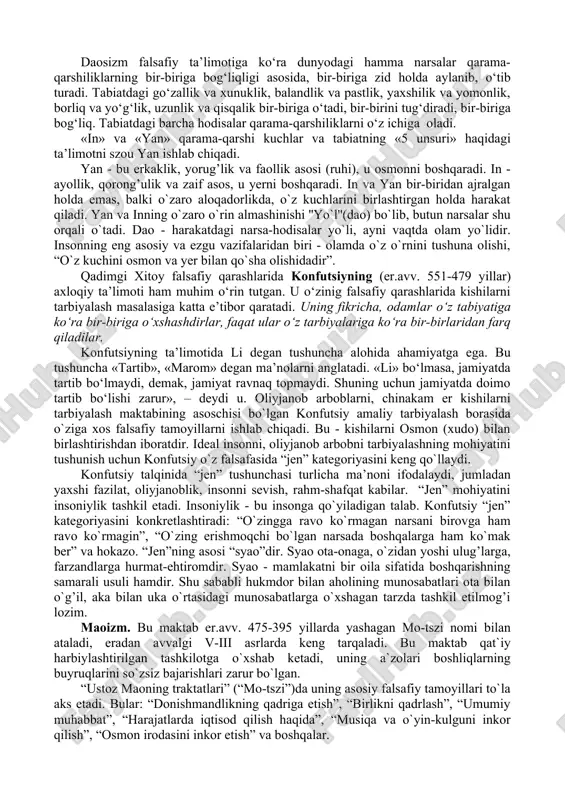 oj va manfaatlarini qondirishga intilishi kerak. chorvak bo`yicha borliqning birlamchi asosini to`rt element - yer, suv, havo, olov tashkil etadi. hayot ham, ong ham mana shu birlamchi moddiy elementlarning birikuvidan kelib chiqqan. materiya ham fikrlashi mumkin. o`lim hamma narsaning tugashi, intihosidir. chorvakning axloqiy kontseptsiyasi asosida cheksiz rohatlanish - gedonizm (grekcha - zavqlanish) turadi. shaxsning azoblanishi va rohatlanishi real hayotiy hodisadir, bu maktab insoniyat mavjudligi va yashab turishining maqsadi boylik to`plash va rohatlanishdan iborat, deydi. “bugungi hayotda yeyish kerak, ichish kerak va rohatlanish kerak, holbuki, biz hammamiz o`limga mahkum etilganmiz. hozirgacha yashayapmiz, nafas olayapmizmi, rohat qilib yashash kerak, zero, hech kim o`limning qo`lidan qutula olmaydi”. jaynizm maktabining asoschisi maxavira vardxamana (er.avv. vi asr) hisoblanadi. u ayni vaqtda jin - g’olib degan taxallus olgan. bu yo`nalish shaxsning borlig’i masalasiga katta e’tibor beradi. jaynizm nuqtai nazaridan shaxsning mohiyati dualistik - ma’naviy (jiva) va moddiy (adjiva) ma’noga ega. buddizm ham jaynizm singari eradan oldingi …
