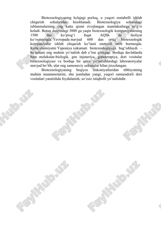iotexnologiya asri bo‘ladi. molekular biologiya va genetikaning ulkan yutuqlari, hamda sog‘liqni saqlash, atrof-muhitni himoyalash sohalarini rivojlantirish, oziq-ovqat va mineral resurslar tanqisligini bartaraf qilishga yo‘naltirilgan prinsipial yangi texnologiyalarga bo‘lgan ehtiyoj asrimizning biotexnologiya asri bo‘lishini taqozo etadi. biotexnologiya – bu biologik sistemalar ishtirokida (biologik ob’ektlar, biologik usullar va biotexnologik jarayonlar) texnika va texnologiyadagi muammolarni yechish jarayonidir. biologik sistemalar tabiati turlicha bo‘lishi mumkin. biologik sistemalar sifatida turli organizmlar va ularning tarkibidagi oqsillar, fermentlar, genlar va xilma hil metabolitlar hizmat qilishi mumkin. biotexnologiya – bu gen muxandisligi, xujayra biologiyasi, fermentlar va oqsillar muhandisligi, molekular biologiya, genetika, mikrobiologiya, bioximiya va boshqa qator fanlarning yutuqlariga asoslangan fan hisoblanadi. asosiy hozirgi zamon biotexnologiyani yo‘nalishlari qo‘yidagi sxemada ko‘rsatilgan. rasm 1. hozirgi zamon biotexnologiyasining asosiy yo‘nalishlari. albatta bu sxema hozirgi kundagi holatni ifodalaydi. kelajakda yana bir qator yo‘nalishlar shakllanishi mumkin. dori vositalarini ishlab chiqarishda an’anaviy texnologiyalar o‘rnida biotexnologiyani qo‘llash yangi imkoniyatlar yaratmoqda. biotexnologik usul bilan qator gen mahandislik mahsulotlari …
