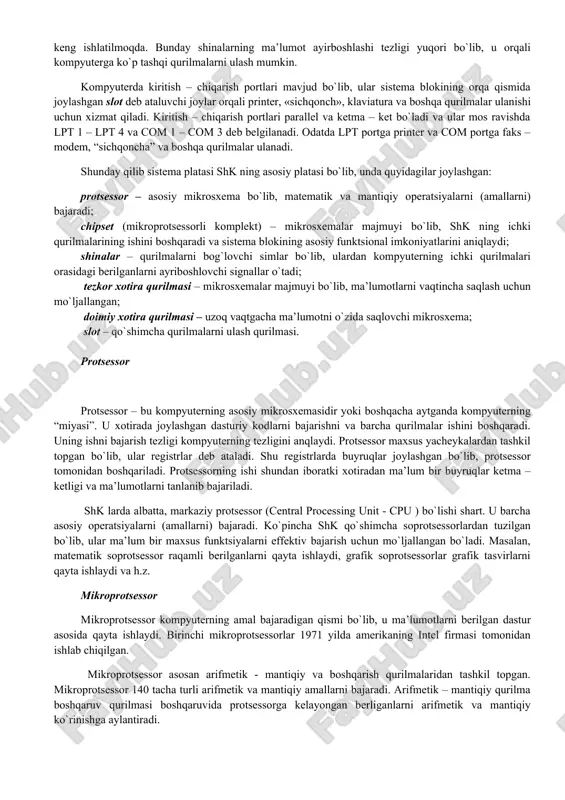 and the impact of texnology. 55 pg.) shaxsiy kompyuterning tuzilishi birinchi shaxsiy kompyuterlar o`tgan asrning 70-nchi yillarining o`rtalarida paydo bo`lgan. bular “altair 8800”, “trs-80 pc”, “pet pc” va “apple” lardir. mashhur microsoft firmasining yaratuvchisi va boshlig`i bo`lgan bill geyts “altair” shaxsiy kompyuter (shk) uchun birinchi bo`lib basic tilining interpretatorini yaratdi. natijada bu kompyuterlar, avval faqat o`yinlar uchun mo`ljallangan edi. shu bilan birga foydalanuvchilar tomonidan biznesda va murakkab bo`lmagan muhandislik hisob – kitoblarida ham ishlatib kelingan. 1981 yilda ibm firmasi o`ziga xos shk variantini yaratdi va u ibm pc deb nom oldi. bu kompyuter juda ko`p ishlab chiqarila boshladi va jahonda shk larning standartiga aylandi. shaxsiy kompyuterlar quyidagi qurilmalardan tashkil topgan: · sistema bloki; · monitor; · klaviatura; · «sichqoncha»; · tashqi qurilmalar. sistema bloki sistema bloki – shk asosini tashkil etuvchi qismi hisoblanib, unda kompyuterning asosiy qismlar joylashgan bo`ladi. sistema bloki ichida joylashgan qurilmalar ichki qurilma, unga tashqi tomonidan ulanadigan …