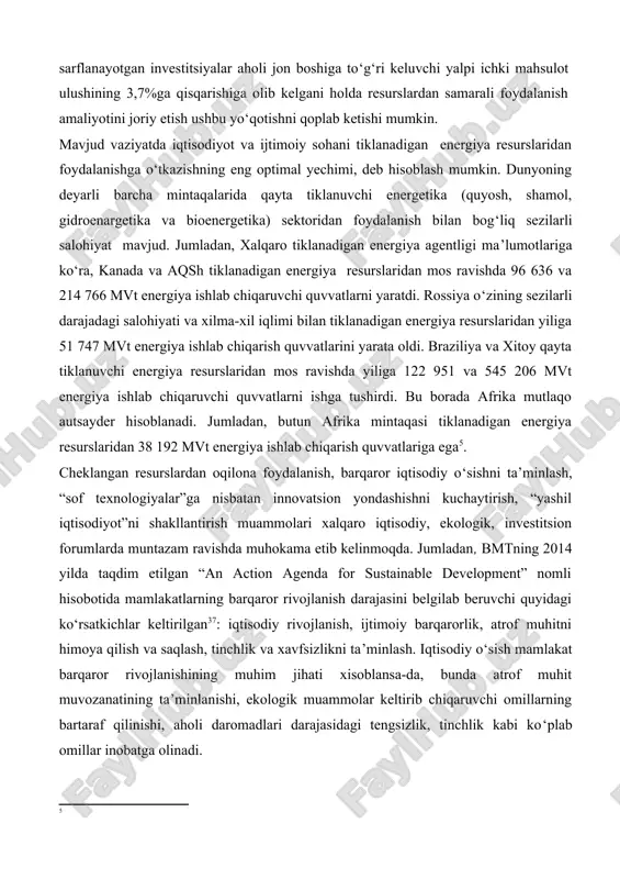 l, gidroenargetika va bioenergetika) sektoridan foydalanish bilan bog‘liq sezilarli salohiyat mavjud. jumladan, xalqaro tiklanadigan energiya agentligi ma’lumotlariga ko‘ra, kanada va aqsh tiklanadigan energiya resurslaridan mos ravishda 96 636 va 214 766 mvt energiya ishlab chiqaruvchi quvvatlarni yaratdi. rossiya o‘zining sezilarli darajadagi salohiyati va xilma-xil iqlimi bilan tiklanadigan energiya resurslaridan yiliga 51 747 mvt energiya ishlab chiqarish quvvatlarini yarata oldi. braziliya va xitoy qayta tiklanuvchi energiya resurslaridan mos ravishda yiliga 122 951 va 545 206 mvt energiya ishlab chiqaruvchi quvvatlarni ishga tushirdi. bu borada afrika mutlaqo autsayder hisoblanadi. jumladan, butun afrika mintaqasi tiklanadigan energiya resurslaridan 38 192 mvt energiya ishlab chiqarish quvvatlariga ega . cheklangan resurslardan oqilona foydalanish, barqaror iqtisodiy o‘sishni ta’minlash, “sof texnologiyalar”ga nisbatan innovatsion yondashishni kuchaytirish, “yashil iqtisodiyot”ni shakllantirish muammolari xalqaro iqtisodiy, ekologik, investitsion forumlarda muntazam ravishda muhokama etib kelinmoqda. jumladan, bmtning 2014 yilda taqdim etilgan “an action agenda for sustainable development” nomli hisobotida mamlakatlarning barqaror rivojlanish darajasini belgilab …