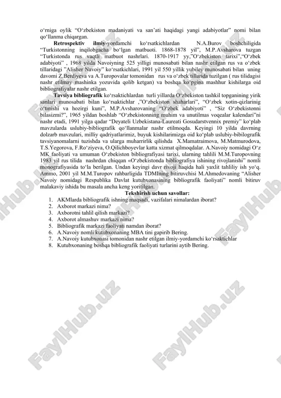 dim etishdir. hozirgi kunda kutubxona jahonning 75 tilidagi deyarli 10 mln nusha hujjatga ega, undan 3 mlndan ortig‘i o‘zbek milliy matboutini tashkil etadi. har yili kutubxonaga 15-20 ming nusha xujjat olinadi. kutubxona 1956 yildan beri xalqaro kitob almashuv tizimida ish olib boardi va jahonning 24 davlatidan 30 dan ortiq tashkilot bilan hamkorlik qiladi. kutubxonada 20 dan ortiq bo‘lim mavjud bo‘lib, kitobxonlarga kutubxonachilik, bibliografik va axborot xizmati qo‘lga qo‘yilgan. 250 mingdan ortiq nashrga ega bo‘lgan “noyob va nodir adabiyotlar bo‘limi”, 7 mlndan ortiq hujjatni saqlovchi “aso-siy fondni saqlash bo‘limi”, 260 ming hujjatni saqlovchi “fondlarni depozitar saqash bo‘limi”, 35 mingdan ortiq fondga ega bo‘lgan “bibliografik ma’lumot nashrlar fondi”, 80 mingdag ortiq o‘zbek mumtoz va jahon musiqasi ovozli yozuvlari, musiqa-nota nashrlari, 150 mingdan ortiq tavsiriy hamda amaliy san’at asarlari to‘plangan madaniyat va san’at bo‘yicha ilmiy axborot bo‘limi , kutubxonachilik ilmiy-marketing tadqiqotlari markazi, avtomat-lashtirish yangi axborot texnologiyalar bo‘limi, ilmiy-uslubiy bo‘lim, milliy bibliografiya bo‘limi”, axborot-ma’lumot …