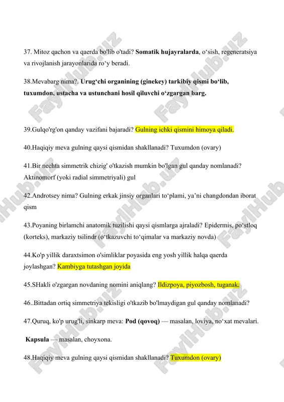 5.kokkoid strukturali suvo'tlarini toping. xlorokokka. 56.xlamidomonadaning vegitativ xujayrasidagi xivchinlar soni nechta? ikki dona xivchin. 57.qizil suvo'tlarining jinssiz ko'payishida nimalar hosil bo'ladi? monosporalar. 58.diatom suvo'tlarining qalqon pallalarini nomi. epitek (yuqori), gipotek (quyi). 59.ko'k-yashil suvo'tlarining rang beruvchi asosiy pigmentlari. fikosiyanin, fikobilin. 60.zaxira oziqa modda sifatida yashil suvo'tlarida nima to'planadi. kraxmal. 61.zamburug'larning jinsiz ko'payish xosilalari. zoospora, spora, konidiya 62. xaltachali zamburug'larda hosil bo'luvchi meva tanalar. *peritetsiy, apotetsiy, kleystotetsiy 63.bug'doyda chiziqli zang zamburug'ining qanday spora tiplari hosil bo'ladi? *uredo, teleyto 64.takomillashmagan zamburug'larning ko'payishi. *jinssiz, vegitativ 65.tallomining anatomik tuzilishi bo'yicha qanday lishayniklar mavjud. *gomiomer, geteromer 66. lishayniklar tallomining tarkibiy qismlari. *zamburug‘lar, suvo‘tlari 67. lishayniklar tallomidagi zamburug'larning sistematik guruhi. askomitsetlar, bazidiomitsetlar 68. tallomining tashqi tuzilishiga ko'ra lishayniklarning guruhlari. jinssiz, vegitativ 69. xlamidomonada xromatoforining tuzilishi kosachasimon 70. nostok tuzilishi jihatidan qanday suvo‘ti? ipsimon kolnial 71. ko‘k-yashil suvo‘tlarining xrookoklar sinfiga mansub vakillar. mikrotsistis, gleokapsa 72. qizil suvo‘tlariga qizillik beruvchi pigment fikoeritrin 73 .geterotsista xujayralari qaysi suvo'tlarida hosil bo'ladi? …