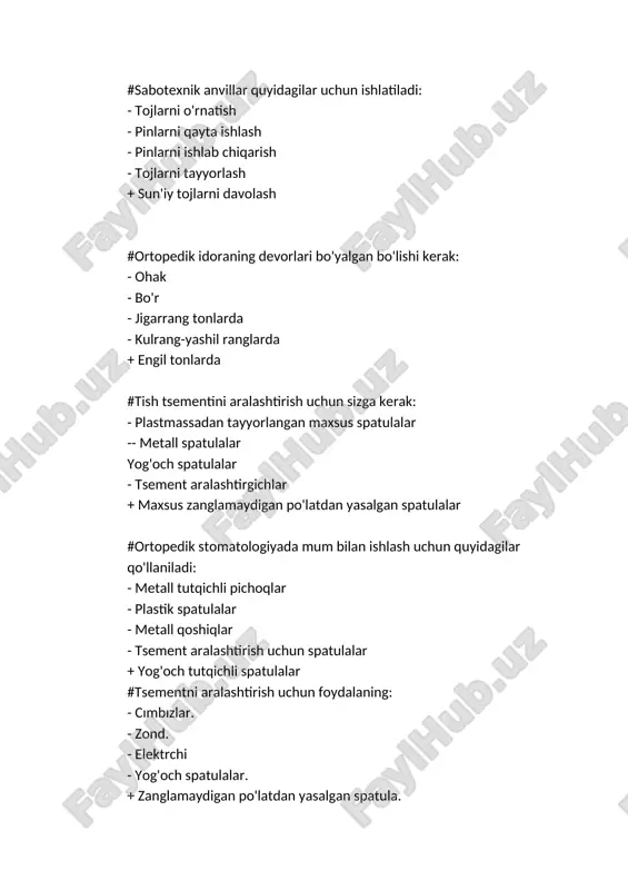 atologiyada davolash maqsadlari: - yuzning normal shaklini tiklash - tishlarning g'ayritabiiy shakllari paydo bo'lishining oldini olish - oddiy yutishni tiklash - yutish buzilishining oldini olish + chaynash funktsiyasini tiklash # protezlash vazifasi: - murakkab kariesni davolash - estetik jihat - kariesning oldini olish - oddiy yutishni ta'minlash + tish nuqsonlarini tiklash # ortopedik stomatologiyada stomatologik o'rnatish uskunalari: - konditsioner - dudbo'ron - floresan chiroq - bemor uchun oyna + maslahatlar uchun chiqishlar #ortopedik idoradagi havo harorati quyidagilar bo'lishi kerak: -16-25 ° s -12-15 ° s -20-26 ° s -23-28 ° s +18-22 ° s #tish texnikasi stolining markazida: bormashina - gaz brülörü - elektrchi - qopqoq + finagel # zaldagi eng maqbul o'rindiqlar soni: -5-10 -8-10 -4-8 -6-7 +1-3 #har bir ishlaydigan tish texnikasi kamida bo'lishi kerak: -3 kvadrat metr maydon -5 kvadrat metr maydon -6 kvadrat metr maydon -7 kvadrat metr maydon + 4 m. kv. maydon rentgen apparatlari …