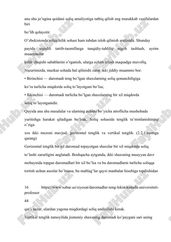 miqdordagi soliq undirilishi kerak. vertikal tenglik tamoyilida jismoniy shaxsning daromadi ko’paygani sari uning to’lov qobiliyati ham shuncha oshib borishi, binobarin, uning jamiyat oldidagi moliyaviy mas’uliyati ham mutanosib ravishda kuchayishi o’z ifodasini topgan. shu o’rinda aytish kerakki, hozirda juda ko’p davlatlar, ayniqsa, rivojlangan mamlakatlar o’z iqtisodiyotini bozor tizimi asosida boshqarib kelmoqda. uning rejali iqtisodiyotga nisbatan talaygina afzal jihatlari bor: raqobat; samaradorlik; talab va taklif mutanosibligi; iqtisodiy o’sishning izchilligi; biroq bozor iqtisodiyotining salbiy tomonlari ham mavjud va uning eng asosiysi, bu kapitalning sekin-asta aholining kichik bir qismi qo’lida to’planishi, jamiyatda iqtisodiy va ijtimoiy tengsizlikning yuzaga kelishidir. aksariyat rivojlangan davlatlar mazkur muammo keskinligini soliq siyosati vositasida yumshatishga — o’sib boruvchi stavkalar asosida jismoniy shaxslar daromadlarini soliqqa tortishga harakat qilishadi. bunda fuqaro yillik daromadining dastlabki qismi past stavkada soliqqa tortiladi yoki u soliqdan butkul ozod qilinadi. chunonchi, 2018 yilda daromadlarning soliqdan ozod qilingan ulushi kanadada 11809 dollar, germaniyada 8820 evro, buyuk britaniyada esa 5000 …