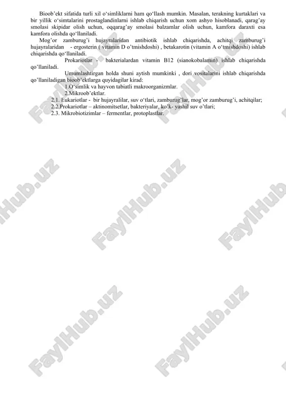 sharoitida terining saqlab qolish vazifasini bajaradigan g’ilof ham bo`ladi. ko‘pchilik mikroorganizmlar uglerod manbasi sifatida organik moddalarni assimlyasiya qiladi. mikroorganizmlar foydalanadigan uglerod manbalariga bog‘liq bo‘lmagan holda, genetik apparati, fiziologik va turlararo o‘ziga xos xususiyatni, muvofiq holda o‘zining biopolimerlar tarkibini tuzadi. mikroorganizmlar hujayrasida uglerod saqlashi o‘rtacha 50% ni tashkil etadi, shuning uchun oziqa muhiti tarkibiga kiruvchi moddalar orasida uglerod manbalari asosiy o‘rinni egallaydi. turli xil mikroorganizm turlari uglerodni har xil uglerod manbalarida o‘zlashtiradilar. avtotrof mikroorganizmlar, yagona uglerod manbasi sifatida uglerod ikki oksididan foydalanadi. geterotrof mikroorganizmlar uchun uglerod manbasi sifatida, turli xil organik birikmalar: uglevodlar, spirtlar, organik kislotalar, lipidlar, uglevodorodlar va boshqa uglerod saqlovchi mahsulotlar xizmat qilishi mumkin. mikroorganizmlar azot oziqasi uglerodga yaqinroq bo‘lib undan hajmiga nisbatan kamroq bo‘ladi. elementlarni tahlili shuni ko‘rsatadiki, mikroorganizmlar tarkibida azot, uglerodga nisbatan 5-6 marta kamroq bo‘ladi. mikroorganizmlar o‘zlashtirgan uglerodlarini energetik maqsadlarda sarflaydi. shuning uchun mikroorganizmlar oziqa muhiti tarkibida azotga nisbatan uglerod manbalarini ko‘proq saqlashi lozim. mikroorganizmlar azotni …