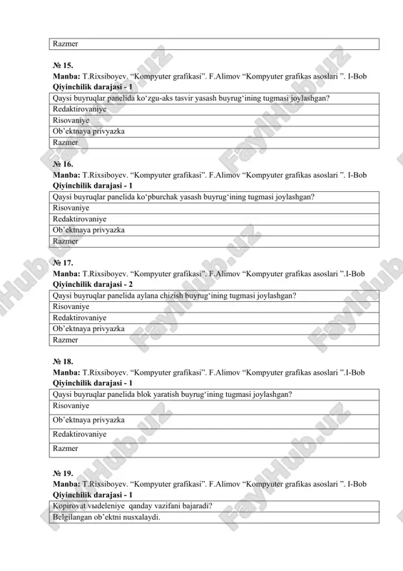 . tanlanadi ? razmer uskunalar paneli “diametr” bandi tanlanadi razmer uskunalar paneli “virovnenniy” bandi tanlanadi razmer uskunalar paneli “lineyniy” bandi tanlanadi razmer uskunalar paneli “uglovoy” bandi tanlanadi № 22. manba: t.rixsiboyev. “kompyuter grafikasi”. f.alimov “kompyuter grafikas asoslari ”.i-bob qiyinchilik darajasi - 1 qaysi buyruqlar panelida kesim yuzalarini shtrixlash buyrug‘ining tugmasi joylashgan? risovaniye redaktirovaniye ob’ektnaya privyazka razmer № 23. manba: t.rixsiboyev. “kompyuter grafikasi”. f.alimov “kompyuter grafikas asoslari ”. i-bob qiyinchilik darajasi - 1 qaysi buyruqlar panelida chizmada yozuvlar bajarish buyrug‘ining tugmasi joylashgan? risovaniye redaktirovaniye ob’ektnaya privyazka razmer № 24. manba: t.rixsiboyev. “kompyuter grafikasi”. f.alimov “kompyuter grafikas asoslari ”. i-bob qiyinchilik darajasi - 1 qaysi buyruqlar panelida ob’ektlarni kesishish nuqtasiga bog‘lanish buyrug‘ining tugmasi joylashgan? ob’ektnaya privyazka redaktirovaniye risovaniye razmer № 25. manba: t.rixsiboyev. “kompyuter grafikasi”. f.alimov “kompyuter grafikas asoslari ”. i-bob qiyinchilik darajasi - 1 qaysi buyruqlar panelida kesma uchlariga bog‘lanish buyrug‘ining tugmasi joylashgan? ob’ektnaya privyazka redaktirovaniye risovaniye razmer № 26. manba: …