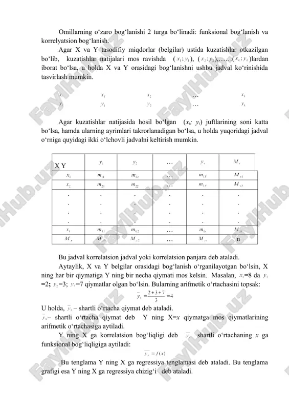 ‘lanishi shuncha kuchsiz bo‘ladi. x ning y ga regressiya to‘g‘ri chizig‘ining tanlanma tenglamasi quyidagi ko‘rinishga ega: embed equation.3 1-misol. tanlanmaning quyidagi jadvali yordamida tanlanma shartli o‘rta qiymat ni toping. x y 4 5 6 7 ny 1 3 1 - 3 7 2 – 2 4 1 7 3 5 1 5 – 11 nx 8 4 9 1 n=25 yechish: 2-misol. bir xil turdagi mahsulot ishlab chiqaruvchi 5 ta sanoat korxonalari bo‘yicha quyidagi mahsulotlar olingan. mehnatni elektr energiya bilan ta’minlanganligi– x (kvt/soat) 7,1 8,3 8,5 9 10,5 mehnat unumdorligi – y (dona) 14 16 14 15 17 bu ma’lumotlardan foydalanib, mehnat unumdorligining (y) elektr energiya bilan ta’minlanganlik darajasiga ( x ga) bog‘liqligi regressiya to‘g‘ri chiziqlarining tanlanma tenglamasini toping. yechish: dastlab formuladagi zarur hisoblashlarni bajaramiz: bu topilganlarni formulaga qo‘ysak: tanlanma korrelatsiya koeffitsiyentining topilgan bu qiymati x va y belgilar orasidagi chiziqli bog‘liqlik kuchli ekanligini ko‘rsatadi. endi yuqoridagi hisoblanganlarni regressiya tenglamasiga …