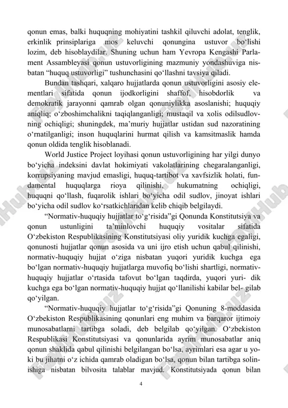 d muhokamasida e’tiroz bildirish imkoni- yatiga ega bo‘lish huquqini nazarda tutadigan aniq va barqaror huquqiy tizim tushuniladi. qonun ustuvorligi prinsipiga formal va mazmuniy yondoshuvlar mavjud bo‘lib, formal yondoshuvchilar faqatgina masalalarni qonun aso- sida hal qilish, qonun asosida boshqarish, qonun bo‘yicha odil sudlov – deb tor ta’rif beradilar, mazmuniy yondoshuv tarafdorlari esa har qanday qonun emas, balki huquqning mohiyatini tashkil qiluvchi adolat, tenglik, erkinlik prinsiplariga mos keluvchi qonungina ustuvor bo‘lishi lozim, deb hisoblaydilar. shuning uchun ham yevropa kengashi parla- ment assambleyasi qonun ustuvorligining mazmuniy yondashuviga nis- batan “huquq ustuvorligi” tushunchasini qo‘llashni tavsiya qiladi. bundan tashqari, xalqaro hujjatlarda qonun ustuvorligini asosiy ele- mentlari sifatida qonun ijodkorligini shaffof, hisobdorlik va demokratik jarayonni qamrab olgan qonuniylikka asoslanishi; huquqiy aniqliq; o‘zboshimchalikni taqiqlanganligi; mustaqil va xolis odilsudlov- ning ochiqligi; shuningdek, ma’muriy hujjatlar ustidan sud nazoratining o‘rnatilganligi; inson huquqlarini hurmat qilish va kamsitmaslik hamda qonun oldida tenglik hisoblanadi. world justice project loyihasi qonun ustuvorligining har yilgi dunyo …