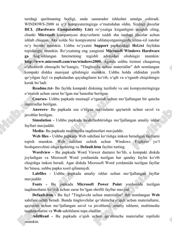 ndows 2000 ning ishlashi uchun kamida 2 gegabayt boʻlishi va undan tashqari bir gigabayt boʻsh hotira boʻlishi talab qilinadi. 1-rasm. windows 2000 operatsion tizimsi bosh menyusi displey modeli esa vga yoki svga turiga mansub boʻlib, tegishli adapter bilan ta’minlangan boʻlishi kerak. agar tarmoqqa masofadan turib aloqa qilish imkoniyati yaratilishi talab qilinsa, yoki nomer teruvchi qurilma ishlatilsa yoki biror-bir boshqa turdagi kommunikatsion dasturlar ishlatilishi talab etilsa, u xolda kerakli turdagi modem boʻlishi ham lozim boʻladi. albatta klaviatura bilan sichqon turidagi qurilmaning borligi, unda samarador ishlashni amalga oshiradi. windows-2000 ni oʻz kompyuteringizga oʻrnatishdan oldin, sizdagi jixozlar hcl (hardware compatability list) roʻyxatiga kirganligini aniqlab oling, chunki microsoft kompaniyasi drayverlarni xuddi shu turdagi jihozlar uchun ishlab chiqqan. aks xolda siz kompyuterni ishlatayotganingizda xilma-xil xatolar roʻy berishi mumkin. ushbu roʻyxatni support papkasidagi hcl.txt faylidan topishingiz mumkin. roʻyxatning eng yangisini microsoft windows hardware ga bagʻishlangan internetning tegishli adresidan olishingiz mumkin: http://www.microsoft.com/rus/windows2000. agarda ushbu tizimni chuqurroq oʻzlashtirib …