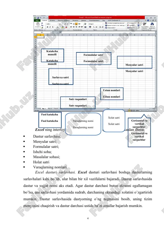 ash) bo’limida joylashgan format yacheek (katakchalar) buyrug’idan foydalanamiz. bu jildda sonli kattaliklarning (aslida katakchaga kiritiladigan har qanday ma’lumotni) qanday formatda aks etishi tanlab olinadi. buning uchun chislovie formati (sonli formatlar) maydonchasidan kerakli format tanlanadi. bu maydonchadagi ro’yxatda 11 ta band bo’lib, ular quyidagi jadvalda keltirilgan 2.2.6-rasm). 3.1.6-rasm. katakchadagi belgilarni formatlash uchun format yacheek (katakchalar) buyrug’ining muloqat darchasidagi shrift jildidan foydalaniladi (2.2.6-rasm). bu jildning chap yuqori burchagida shrift maydonchasi joylashgan bo’lib, u erda nomini kiritish bilan kerakli shriftni tanlab olish mumkin. bu maydoncha ostidagi ro’yxatda kompyuterga operatsion tizim tomonidan o’rnatilgan yuzdan ortiq shriftlarning nomlari bor. bu ro’yxatdan ham kerakli shriftni tanlab olish mumkin. jildning yuqori tomonining o’rtasidagi maydonchada belgilarning chizilishi nomini kiritish shrift jildining o’rtasining chap tomonida podcherkivanie(ostiga chizish) degan maydoncha bo’lib, uning yashirin ro’yxatida beshta band bor. ular quyidagilardir. 1) net – yo’q: belgilarning ostiga chizilmaydi. 2) odinarnoe, po znacheniyu – yakka chiziq, qiymat ostiga 3) dvaynoe, po znacheniyu – …