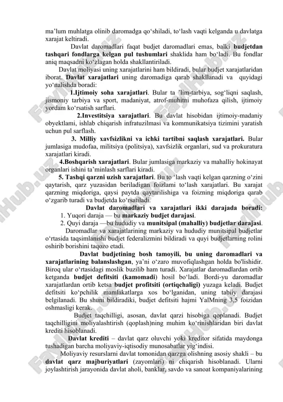 dlarini, boshqa maxsus pul fondlarining harakatini o‘z ichiga oladi. eng avvalo, korxona (tarmoq)lar va umumdavlat moliyasini bir-biridan farqlash lozim. korxona va tarmoqlar moliyasi ulardagi takror ishlab chiqarish jarayonida hamda alohida fondlar yaratish yo‘li bilan ularning moliyaviy ehtiyojlariga xizmat qiladi. umumdavlat moliyasi davlat budjetini, ijtimoiy sug‘urta fondini hamda davlat mol-mulk va shaxsiy sug‘urtasi fondini, soliq tizimini o‘z ichiga oladi. davlat pul mablag‘larining asosiy markazlashgan fondi bo‘lmish davlat budjeti moliya tizimining muhim bo‘g‘ini bo‘lib xizmat qiladi. davlat budjeti – bu davlatning pul daromadlari va xarajatlari hamda ularni moliyaviy qoplash manbalarining yillik rejasidir. davlat daromadlari va xarajatlarining asosiy qismi davlat budjeti orqali o‘tadi. uning asosiy vazifasi moliyaviy vositalar yordamida iqtisodiyotni samarali rivojlantirish va umumdavlat miqyosidagi ijtimoiy vazifalarni hal qilish uchun sharoit yaratishdir. davlat budjetining ikki tomoni bo‘lib, bir tomonida budjetga kelib tushadigan daromadlar tarkibi va ularning manbalari, ikkinchi tomonida esa asosiy xarajatlarning tarkibi va miqdori o‘z ifodasini topadi. davlatning daromadi uning ixtiyoriga kelgan …