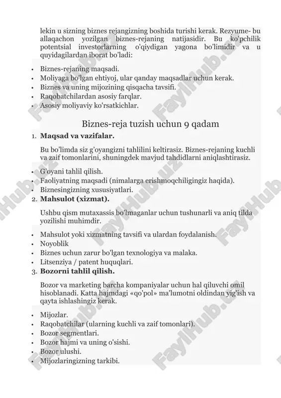lushi. · mijozlaringizning tarkibi. · raqobatning ta'siri. 4. marketing rejasi. ushbu bosqichning asosiy vazifasi potentsial investorning ishonchini qozonishdir. agar sizda maxsus ta'lim bo'lmasa, marketing bo'yicha qo’llanmalarni o'qib chiqing yoki mutaxassisga murojaat qiling. · marketing tartibi (mahsulotning asosiy xususiyatlari, xizmatlarni raqobatchilarniki bilan taqqoslash). · raqobatchilar (tovar narxini qanday qilib to'g'ri belgilash kerak). · tovarlarni tarqatish sxemasi. · savdoni rivojlantirish 5. ishlab chiqarish rejasi. bu yerda siz biznes uchun bino, uning joylashuvi, ichidagi uskunalari, xodimlari bilan bog'liq barcha masalalarni ko'rib chiqishingiz kerak: · binolarning joylashuvi. · uskunalar. · asosiy materiallar va uskunalarni yetkazib berish manbalari. · subpudratchilarni ishlatish. 6. boshqaruv xodimlari. investitsiyalar biznes–reja uchun emas, balki muayyan odamlar uchun amalga oshiriladi, shuning uchun ham bu bo'lim eng muhimlaridan biridir. · asosiy boshqaruv tarkibi. · xodimlar tarkibi. · mukofot 7. kerakli resurslarning manbalari va hajmi ushbu bo'limda siz quyidagilar bilan bog'liq g’oyalarni taqdim etishingiz kerak: · kerakli mablag'lar miqdori. · ularni olish manbalari, …