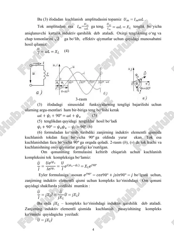 mentli qismida kuchlanish pasayishining kompleks ko‘rinishi quyidagicha yoziladi: 4 sig‘im elementli tok zanjiri agar sig‘im elementga (3-rasm a da tasvirlangan sxemadagi) sinusoidal kuchlanish berilgan bo‘lsa , unda sig‘imning zaryadlanish-razryadlanish toki 3-rasm shunday qilib, zanjirning sig‘im elementli qismiga sinusoidal kuchlanish berilgan paytda undan sinusoidal tok i=oqar ekan. tokning amplitudasi , effektiv qiymati esa i=. ga teskari bo‘lgan kattalikni sig‘im qarshilik deb ataladi va u ko‘rinishida belgilanadi. fizik tomondan bu tenglik zaryadka va razryadka toki cheksiz katta bo‘la olmasligini bildiradi. tokning boshlang‘ich fazasi ga teng, bundan kelib chiqadiki, kuchlanish va tok orasidagi fazalar farqi formuladan ko‘rinib turibdiki zanjirning sig‘im elementli qismida tok kuchlanishdan faza bo‘yicha 90ga oldinda yurar ekan. kuchlanish esa tokdan faza bo‘yicha 90ga orqada qoladi . kuchlanish va tokning oniy qiymatlari grafiklari va vektor diagrammasi 3-rasm (b) va (v) larda ko‘rsatilgan ko‘rsatkichli shakldagi kuchlanish kompleksini ko‘rsatkichli shakldagi tok kompleksiga bo‘lib om qonunini hosil qilamiz: eyler formulasiga asosan bo‘lgani sababli , …