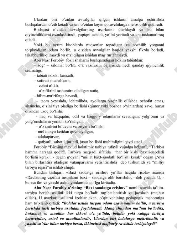 m ahamiyatga ega edi. shu asar tufayli” nomi lotincha transkripsiyada “al-xorazmiy “algoritmi” shaklini oldi, keyin “algoritmus” va nihoyat hozirgi zamon hisoblash matematikasining asosiy tushunchasi “algoritm” (“algorifm”) ga aylandi. · “hind arifmetikasi haqida kitob” (“hisob al-hind”)dir. asar o‘nlik tizim raqamlari (1,2.3,4,5,6.7,8,9)ga bag‘ishlangan. · “kitob surati-al-ard” (“yevropa surati kitobi”) birinchi yozilgan geografiyaga oid kitob sanaladi. 827-yilda xorazmiy rahbarligida yer kurrasining kattaligini aniqlash maqsadida yer meridianining bir gradusi o‘lchab chiqildi. bag‘dodda yozilgan trigonometriyaga oid dastlabki asar ham xorazmiyga tegishli bo‘lib, unda sinus, tangenslarning o‘zgarish qonuniyati ko‘rsatiladi. muhammad al-xorazmiyning tarix va musiqaga oid, quyosh soatlari to‘g‘risida ham asarlari bo‘lib, “tarix kitobi” (“kitob at-tarix”) xalifalik tarixiga oid va xalifalikning birinchi tarixchilaridan sanaladi. “al-kitob al-muxtasar fi hisob al-jabr va-al muqobala” asarida olimlarni uch guruhga bo‘lib shunday yozadi: ulardan biri o‘zidan avvalgilar qilgan ishlarni amalga oshirishda boshqalardan o‘zib ketadi va uni o‘zidan keyin qoluvchilarga meros qilib qodiradi. boshqasi o‘zidan avvalgilarning asarlarini sharhlaydi va bu bilan qiyinchiliklarni osonlashtiradi, …