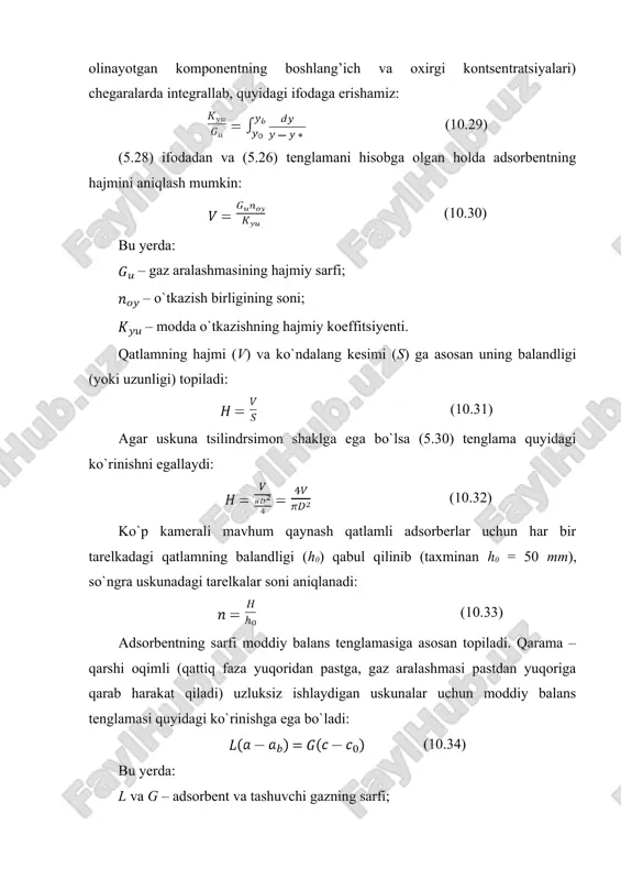 b olinadi yoki tegishli tenglamalar asosida hisoblab topiladi. hisoblash uchun topshiriq: mahsulot: suyuq - neft gaz (sng) (propan- butanli aralashma) temperaturasi tb =380 s sarfi gr1= 6,6 t/soat = 1,83 kg/s bosimi pu = 18 bar = 1,8 mpa zichligi = 510 kg/m3 tarkibidagi namlik miqdori: boshlang’ich wb = 1,6 % oxirgi wox = 1,0 % adsorbtsiya jarayonining moddiy balansi 11.10 – rasm. adsorbtsiya jarayonining moddiy balansini tuzish uchun sxema adsorberning past qismidan gr1 miqdorda hamda wb suv kontsentratsiyali suyuq - neft gaz oqimi kiradi va gr2 miqdorda suv kontsentratsiyasi wo ga teng bo`lgan holda chiqadi. adsorbentning boshlang’ich miqdori a va undagi suv kontsentratsiyasi xb bo`lsa, jarayon oxirida undagi suv kontsentratsiyasi xo bo`ladi, ya`ni hajmiy sarf bo`yicha bu formula quyidagicha bo`ladi: bu yerda: v1 va v2 suyuq neft gazning (sng) apparatga kirish va chiqishdagi hajmiy miqdori. bunda modda almashinish balandligi l0 bo`lgan chegaralangan zonada (11.9 - rasm) amalga oshiriladi. modda …