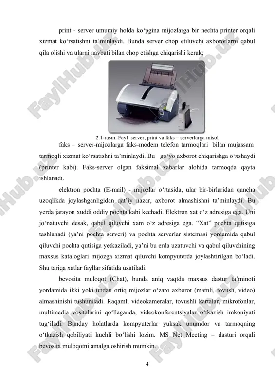 1000 metr chamasi radiusda 1000 nafarga etar-etmas mijozlarga xizmat qilishga moʻljallanadi. bunday hajm lkt 10 mbayt/s va undan ortiq tezlanishda ishlash imkonini beradi. odatda lkt ishchi stantsiyalar (is) va maxsus kompyuterlarni (fayl, print serverlari va boshqalar) oʻzaro kabel bilan bogʻlashdan iborat. ular oʻz navbatida tarmoq adapterlari yordamida (tarmoq kartalari) ulanadi. tarmoq topologiyalari.alohida tugunlarni tarmoqda ulash usullari tarmoq topologiyasi deyiladi. odatda uchta topologiya qoʻllaniladi: 1. umumiy shina. bu holda lokal tarmoqdagi barcha kompyuterlar bitta aloqa chizigʻiga parallel bogʻlanadi. bunday shinalarni boshqarish ham alohida, ham markazlashgan boʻlishi mumkin. markazlashgan boshqaruvda tarmoqqa maxsus kompyuter-server ulanadi, uning vazifasi tarmoqda axborotni uzatishni boshqarishdir. alohida boshqaruvda hamma kompyuterlar bir xil maqomga ega, ular mustaqil ma’lumotlarni uzatish imkoniyatiga ega. 2. halqa. bu holatda barcha kompyuterlar yopiq halqasimon, ketma-ket bogʻlanadilar. bunda xabar birin-ketin kompyuterdan-kompyuterga uzatiladi. xabarni uzatgan kompyuter yana oʻsha xabarni qayta qabul qilmaguncha, jarayon davom etaveradi. 3. yulduzcha. yulduzcha topologiyaga ega tarmoqlar markaziy tugunga ega (kommutator yoki …