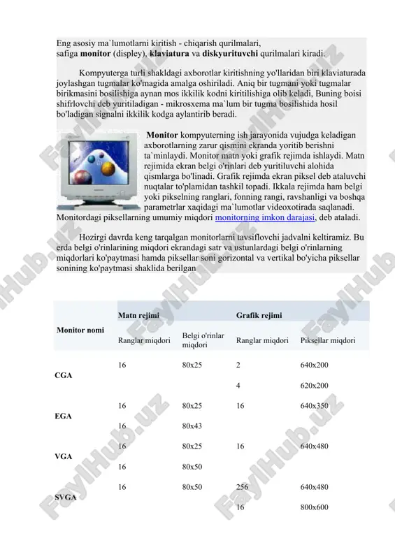 m o'tkazgichli kristalda (kremniy yoki germaniy) joylashgan millionlab mitti tranzistorlardan tashkil topadi. misol sifatida ko'radigan bo'lsak, intel pentium pro mikroprotsessori o'z ichida 5,5 milliondan ortiq tranzistorlarni saqlaydi. protsessorning ish unumdorligi uning tezligi (taktli chastota) va razryadlar soni bilan belgilanadi tezlik protsessorni 1 sekundda bajargan amallar miqdori bilan belgilanadi va gs bilan ifodalanadi. masalan, i8086 protsessori 10 mgs (sekundiga 10 million amal) tezlikka ega bo'lsa pentium protsessori uchun bu ko'rsatkich 850 mgsga teng. protsessorning razryadlari soni uning bir vaqtning o'zida baravariga ishlash mumkin bo'lgan bitlar miqdori bilan aniqlanadi. hozirgi kunda 8, 16, 32, 64, 128 razryadli prssessorlar keng qo'llanmoqda. protsessorning tezligini oshirish uchun hozirgi vaqtda kesh-xotira, turli matematik hamprotsessorlar kabi vositalardan foydalanish yo'lga qo'yilgan. komppyuter qurilmalari orasidagi axborot almashinuvi sistema magistrali - shinalar (elektr simlarining bog'lamlari) ko'magida amalga oshiriladi. shinadagi simlar kompyuterning hamma qurilmalariga parallel holda ulanadi. kompyuter ishi uchun uch xil shina xizmat ko'rsatadi: berilganlar (berilgan malumotlar) shinasi, adreslar shinasi, …