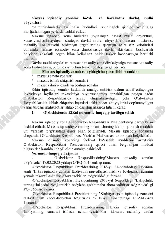 pi ichki mahsulotidagi uncha katta bo‘lmagan ulushi (1 foizdan kam); · eksport hajmi past; · mahsulotlarning raqobatbardoshligi pastligi; · eksportni asosan mdh mamlakatlariga yo‘naltirish; · ishlab chiqarishni va shunga mos ravishda eksportni kam diversifikatsiya qilish. maxsus iqtisodiy zonalar bo‘sh va harakatsiz davlat mulki obyektlari, ma’muriy-hududiy tuzilmalar hududlari, shuningdek qishloq xo‘jaligiga mo‘ljallanmagan yerlarda tashkil etiladi. maxsus iqtisodiy zona hududida joylashgan davlat mulki obyektlari, xususiylashtirilmaydigan strategik davlat mulki obyektlari bundan mustasno, mahalliy ijro etuvchi hokimiyat organlarining qaroriga ko‘ra o‘z vakolatlari doirasida maxsus iqtisodiy zona direksiyasiga davlat aktivlarini boshqarish bo‘yicha vakolatli organ bilan kelishgan holda tezkor boshqaruvga berilishi mumkin. davlat mulki obyektlari maxsus iqtisodiy zona direksiyasiga maxsus iqtisodiy zona faoliyatining butun davri uchun tezkor boshqaruvga beriladi. maxsus iqtisodiy zonalar quyidagicha yaratilishi mumkin: · maxsus savdo zonalari · maxsus ishlab chiqarish zonalari · maxsus ilmiy-texnik va boshqa zonalar erkin iqtisodiy zonalar hududida amalga oshirish uchun taklif etilayotgan investitsiya loyihalari investitsiya buyurtmanomasi topshirilgan paytga qadar …