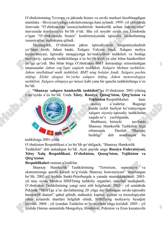 ldan esa yxhtning markaziy osiyo mamlakatlari bilan aloqalari bo‘yicha byurosi toshkentda faoliyat yuritmoqda. 1999- yilda ushbu byuroga yxhtning mintaqadagi markazi maqom berildi. markaz faoliyati nazariy jihatdan siyosiy-harbiy, iqtisodiy-ekologik va inson xuquqlari kabi sohalarda o‘zbekistonda amalga oshirilayotgan tub islohotlarni qo‘llab-quvvatlashga qaratilgan. 1996-yil lissabon sammitida o‘zbekistonning ishtiroki respublika rahbariyatining xavfsizlik doirasiga kiruvchi qarashlarini bayon etishga ham imkon berdi. anjumanda o‘zbekiston xavfsizlik muammosiga doir o‘z qarashlarini bayon etish huquqiga ega bo‘ldi. markaziy osiyo mintaqasini yadro qurolidan xoli zona deb e’lon qildi. 1999-yil 18-19-noyabr kunlari mazkur tashkilotga a’zo 54 mamlakat rahbarlari uchun turkiyaning istambul shahrida oliy darajadagi uchrashuvda prezident xalqaro terorrizmga qarshi markazini tuzish taklifi bilan chiqdi. 1996- yilning boshlarida o‘zbekistonda britaniya kengashi bo‘limining ish boshlashi hamkorlikni mustahkamlash va kengaytarish yo‘lidagi yangi qadam bo‘ldi. o‘zbekistonning niderlandiya, finlyandiya, avstriya, belgiya, shveysariya, italiya, ispaniya, gretsiya, polsha, vengriya, chexiya, slovakiya, xorvatiya, bolgariya kabi yevropa mamlakatlari bilan siyosiy, diplomatik, iqtisodiy va madaniy aloqalari o‘rnatildi va kengayib bormoqda. shveysariyaning …