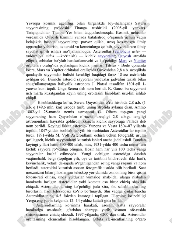 i topilgan. ularning quyosh atrofida aylanish davrlari bir necha oʻn yildan ortiq emas. har yili 5—10 tacha kometa kashf qilinadi. optik kuzatishlar yordamida koʻrinmaydigan son-sanoqsiz meteor jismlar va kosmik chang (sayyorlararo materiya) quyosh tizimi fazosining hamma joyida mavjud. ular ham sayyoralar kabi quyosh atrofida aylanadi. kosmik changlarga gravitatsiya kuchlari taʼsiridan tashqari quyosh radiatsiyasining bosimi, shuningdek elektr zaryadlangan zarralar harakatiga quyosh va sayyoralarning magnit maydonlari ham taʼsir etadi. yer orbitasi ichidagi sayyoralararo materiyaning umumiy massasi yer massasining yuz milliondan birini tashkil qiladi. quyoshning taʼsir doirasi ichidagi barcha diffuz materiyaning umumiy massasi taxminan quyosh massasiga teng keladi.quyosh tizimi galaktika markazi atrofida ayla-naga yaqin orbita boʻylab 250 km/sek tezlik bilan aylanadi, uning aylanish davri 200 mln. yil. quyosh tizimining kelib chiqishi haqidagi masala hozirgi zamon tabiat-shunosligining muhim masalalaridan biri hisoblanadi .quyosh tizimidagi deyarli barcha jismlar uchun baʼzi umumiy qonuniyatlar oʻrinli: barcha sayyoralar quyosh atrofidan ekliptikaga yaqin tekislikda bir tomonga (olamning shimoliy qutbidan qaralganda …