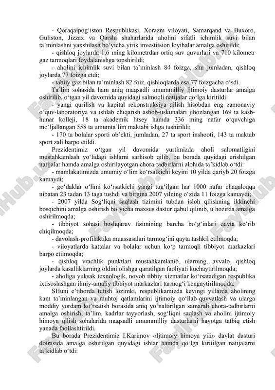ulardan 54 ming kishiga yangi mehnat daftarchasi berildi, 111 ming fuqaroning esa mavjud mehnat daftarchasiga ish staji tegishli tartibda qayd etildi» . yalpi ijtimoiy himoyalash tizimidan ishonchli ijtimoiy kafolatlar va aholini ijtimoiy qo‘llab-quvvatlash tizimiga izchillik bilan o‘tish – ijtimoiy siyosatni amalga oshirishga, ijtimoiy himoya vositasini kuchaytirishda sifat jihatdan yangi bosqich boshlashini bildiradi. yangilangan ijtimoiy siyosat adolat tamoyillariga izchillik bilan rioya qilishga asoslanib, ijtimoiy ko‘maklashishning mavjud usullarini va pul bilan ta’minlash manbalarini tubdan o‘zgartirishni taqozo qiladi. bu siyosat ijtimoiy himoya aniq maqsadi va aholining aniq tabaqalarini qamrab olishni ko‘zda tutadi. yordam tizimi faqat kam ta’minlangan va mehnatga layoqatsiz fuqarolarga nisbatan qo‘llanilib, shu maqsad uchun davlat manbalari bilan bir qatorda mehnat jamoalari, turli tashkilot hamda jamg‘armalarning mablag‘laridan ham foydalaniladi. ijtimoiy ko‘maklashishning yangi tizimida bolalar va kam daromadli oilalar yordamdan bahramand bo‘luvchi asosiy kishilar hisoblanib, ular uchun hamma nafaqa va moddiy yordamlar faqat mahalla orqali etkazib beriladi. shu maqsadda mahallalarda byudjet mablag‘lari, korxona …