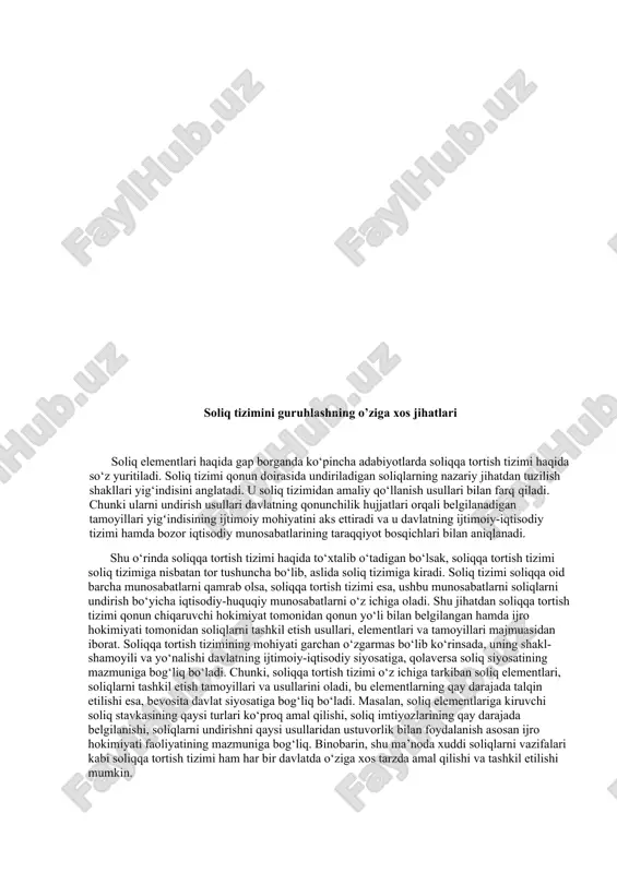 tning ijtimoiy-iqtisodiy tizimi hamda bozor iqtisodiy munosabatlarining taraqqiyot bosqichlari bilan aniqlanadi. shu o‘rinda soliqqa tortish tizimi haqida to‘xtalib o‘tadigan bo‘lsak, soliqqa tortish tizimi soliq tizimiga nisbatan tor tushuncha bo‘lib, aslida soliq tizimiga kiradi. soliq tizimi soliqqa oid barcha munosabatlarni qamrab olsa, soliqqa tortish tizimi esa, ushbu munosabatlarni soliqlarni undirish bo‘yicha iqtisodiy-huquqiy munosabatlarni o‘z ichiga oladi. shu jihatdan soliqqa tortish tizimi qonun chiqaruvchi hokimiyat tomonidan qonun yo‘li bilan belgilangan hamda ijro hokimiyati tomonidan soliqlarni tashkil etish usullari, elementlari va tamoyillari majmuasidan iborat. soliqqa tortish tizimining mohiyati garchan o‘zgarmas bo‘lib ko‘rinsada, uning shakl-shamoyili va yo‘nalishi davlatning ijtimoiy-iqtisodiy siyosatiga, qolaversa soliq siyosatining mazmuniga bog‘liq bo‘ladi. chunki, soliqqa tortish tizimi o‘z ichiga tarkiban soliq elementlari, soliqlarni tashkil etish tamoyillari va usullarini oladi, bu elementlarning qay darajada talqin etilishi esa, bevosita davlat siyosatiga bog‘liq bo‘ladi. masalan, soliq elementlariga kiruvchi soliq stavkasining qaysi turlari ko‘proq amal qilishi, soliq imtiyozlarining qay darajada belgilanishi, soliqlarni undirishni qaysi usullaridan …
