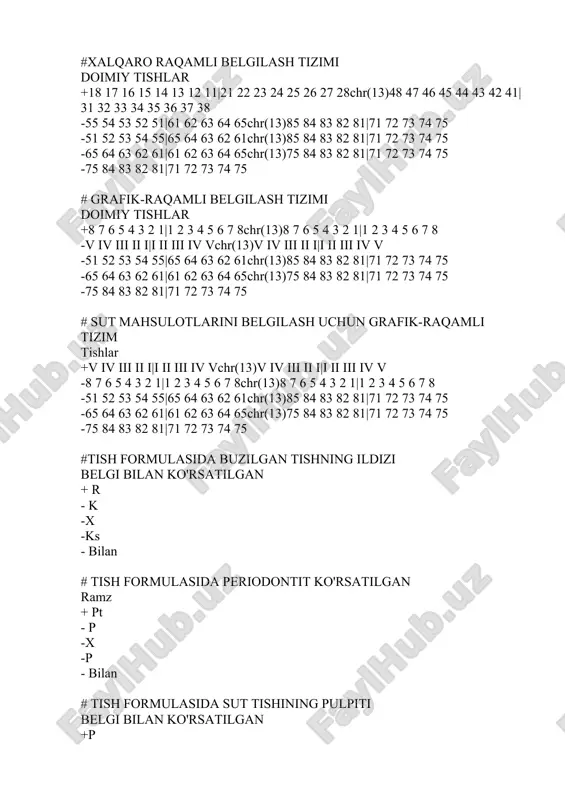 aralashuvning ayrim turlari uchun ishlatiladi - ta'minlanmagan - har doim ham emas #tish bemorining tibbiy yozuvi - bu qonuniy shakl + № 043 / y - №237 / u - №086 / u - №067 / u - №04 / y # tibbiy aralashuvga rozilik rasmiylashtirilgan + yozma ravishda - fuqarolik shartnomasi shaklida - notarial shaklda - sud qarori asosida - og'zaki shaklda #asosiy tibbiy hujjat poliklinikadagi stomatologik bemor + tish bemorining tibbiy kartasi (№043/y shakllari) -tish shifokori (tish shifokori) ishini kunlik hisobga olish varaqasi- stomatologiya klinikasi, bo'lim, ofis (№037/u-88 shakli) - dispanser kuzatuvining nazorat kartasi (030/y shakli) - og'iz bo'shlig'ini profilaktik tekshirish jurnali (№049 / y shakl) - og'iz bo'shlig'ini profilaktik tekshirish jurnali (06/y shakl) #jurnalni to'g'ri to'ldirishni nazorat qilish og'iz bo'shlig'ining profilaktik tekshiruvlarini hisobga olish (049/y shakli)amalga oshiriladi + bo'lim boshlig'i - tibbiyot tashkilotining bosh shifokori - yozuvchi - statistik - hamshira #tish bemorining tibbiy yozuvi (043/y shakli) …