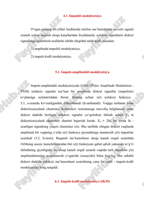 ʻshni amplitudalar orasidagi katta farq ehtimoli juda kichik va bu farqni kodlash uchun bu farqni 0 dan 15 gacha kodlash uchun 4 bit kifoya qiladi. keyin kvantlash chastotasi vaqt sekundiga 8000 marta, 8000 * 4 = 32 kbps tezlikni olamiz, bu standart pcm tezligining yarmiga teng. 6.1-rasm. impuls-amplitudali modulyatsiya. differensial impuls-kodli modulyatsiyaning yanada murakkab varianti bashoratli kodlash boʻlib, unda bir nechta oldingi namunalar asosida real va taxmin qilingan signal qiymati oʻrtasidagi farq kodlanadi va uzatiladi. bu bitta signal oʻlchovini kodlash uchun bitlar sonini yanada kamaytirishga imkon beradi va natijada aloqa kanalining oʻtkazuvchanligi talabini kamaytiradi. g.726 standarti bitta signal oʻlchovini kodlash uchun 5, 3 va 2 bitdan foydalanishga imkon beradi, bu esa 40, 24 va 16 kbit/s uzatish tezligini (bit tezligini) olish imkonini beradi. modulyatsiyaning moslashuvchanligi kvantlash bosqichini oldingi qiymatlarga muvofiq dinamik ravishda sozlashdan iboratligidir. 7.1. diskret ma’lumotlarni modulyatsiyalash usullari diskret (raqamli) ma’lumotlarni uzluksiz yuqori chastotali sinusoidal signal (tashuvchi) sifatida namoyish …