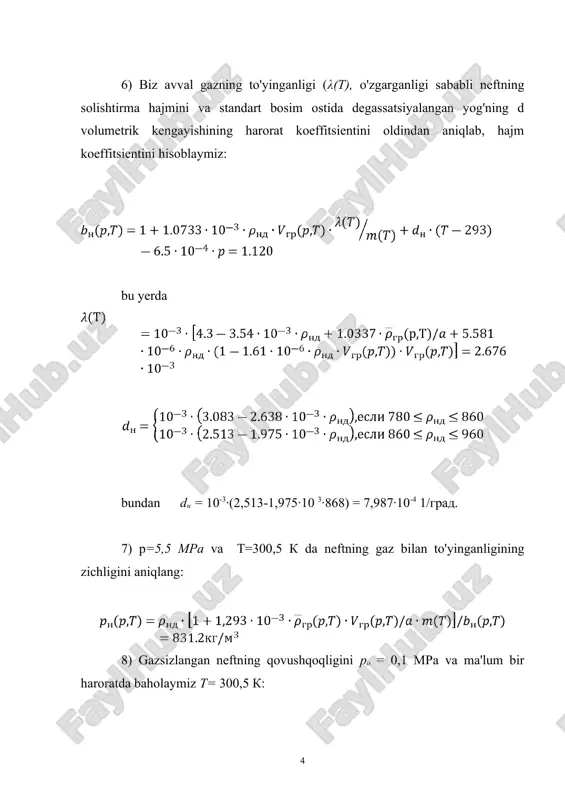 iga gorizontal chiziq tortamiz, so'ngra p = 24,5 mpa bosim satrini kesib o'tguncha vertikal chiziq chizamiz va gorizontal ravishda o'ng tomonga neft hajmining koeffitsienti bn == 1.27 qiymatini topamiz. shunday qilib, odatdagi sharoitda 1 m3 neft suv qatlamida 1,27 m3 hajmini egallaydi va unda erigan gaz bilan birga ishlaydi. qatlam sharoitida neftning zichligini topish uchun (erigan gazni hisobga olgan holda) avval neftda erigan gazning zichligini aniqlaymiz rrg=g0·pg=127·0.8=103 kg/m3 shunday qilib, atmosfera sharoitida gaz bilan to'yingan neftning zichligi rns=rn+rrg=852+103=955 kg/m3 qatlam sharoitida gaz bilan to'yingan neftning zichligi esa neft yuzasida qisqarish, undan erigan gazning chiqishi (degassatsiya) va haroratning pasayishi tufayli yuzaga keladi. yog 'qisqarishi nisbati bo'yicha aniqlanadi 1