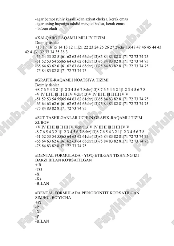 sana + yozma ravishda -fuqarolik shartnomasi shaklida - notarial shaklda -sud qarori asosida -og'zaki #asosiy tibbiy hujjat poli̇klinikadagi tish bemor is + stomatologik bemorning tibbiy kartasi (№ 043/u shakl) - stomatolog (tish shifokori) ishining kunlik hisobi varaqasi stomatologiya klinikasi, bo'lim, kabinet (shakl no 037/u-88) -dispanser kuzatuvining nazorat kartasi (030/u shakl) - og'iz bo'shlig'ini profilaktik tekshiruvlar jurnali (№ 049/u shakl). - og'iz bo'shlig'ini profilaktik tekshiruvlar jurnali (№ 06/u shakl). #jurnalning to'g'ri to'ldirilishini nazorat og'iz bo'shlig'ini profilaktika nazorati (shakl no 049/u) uchun hisobi o'tkaziladi. +kafedra mudiri -tibbiy tashkilotning bosh vrachi - registrator -statistik - hamshira #stomologal basorning tibbiy kartasi (form № 043/u) tibbiyot tashkiloti tomonidan bemor uchun so‘raladi. + dastlabki tashrifda - har bir qo'ng'iroqda -yilda bir marta - har besh yilda bir marta - haftada bir marta #tibbiy karttaning #passport qismi to'ldirilish to'ldirilishi to'ldirilishi to'ldirilishi to'ldirilish to'ldirilishi to'ldirilishi to'ldirilishi to'ldirilishi to'ldirilish to'ldirilishi to'ldirilishi to'ldirilishi to'ldirilishi to'ldirilishi tashmoq basor (form № 043/u). …