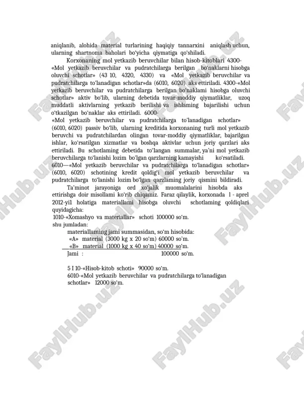 harakatini aks ettiradigan dastlabki hujjatlarda faqat materiallaming shartnoma bahosi bo‘yicha qiymati ko‘rsati1adi. transport—tayyorlov xarajatlari esa barcha materiallarga taalluqli jami summasi bilan yoziladi. ushbu xarajatlaming har bir material turiga to‘g‘ri keladigan ulushi oy oxirida bir marta hisob-kitob yo‘li bilan 263 aniqlanib, alohida material turlarining haqiqiy tannarxini aniqlash uchun, ularning shartnoma baholari bo‘yicha qiymatiga qo‘shiladi. korxonaning mol yetkazib beruvchilar bilan hisob-kitoblari 4300- «mol yetkazib beruvchilar va pudratchilarga berilgan bo‘naklarni hisobga oluvchi schotlar» (43 10, 4320, 4330) va «mol yetkazib beruvchilar va pudratchilarga to'lanadigan schotlar»da (6010, 6020) aks ettiriladi. 4300-«mol yetkazib beruvchilar va pudratchilarga berilgan bo‘naklami hisobga oluvchi schotlar» aktiv bo‘lib, ularning debetida tovar-moddiy qiymatliklar, uzoq muddatli aktivlarning yetkazib berilishi va ishlaming bajarilishi uchun o‘tkazilgan bo‘naklar aks ettiriladi. 6000- «mol yetkazib beruvchilar va pudratchilarga to'lanadigan schotlar» (6010, 6020) passiv bo‘lib, ularning kreditida korxonaning turli mol yetkazib beruvchi va pudratchilardan olingan tovar-moddiy qiymatliklar, bajarilgan ishlar, ko‘rsatilgan xizmatlar va boshqa aktivlar uchun joriy qarzlari aks …