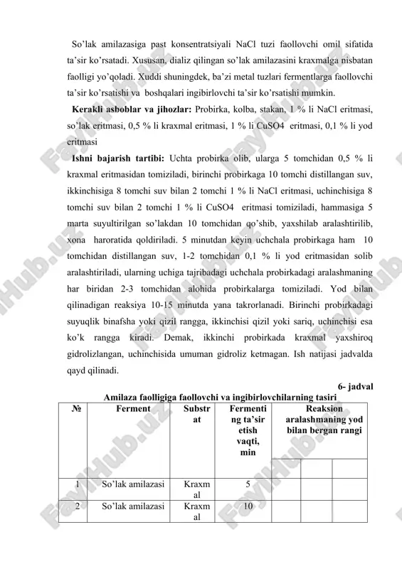 shlarni amalga oshirish uchun zarur d.hamma javob noto‘g‘ri 3. temperatura oshirilganda fermentativ reaksiya tezligi qanday o‘zgaradi? a.ma’lum chegaragacha to‘g‘ri proporsional o‘zgaradi b.o‘zgarmaydi s.to‘g‘ri proporsional d.teskari proporsional 4. adsorbsiya yo‘li bilan immobilizatsiya metodi yordamida bioobyektlarni fiksasiya qilishi mumkin bo‘lgan organik tashuvchilarni ko‘rsaning? a.meytran, polietilen, polisterin b.nuklein kislotalar, fermentlar s.oqsillar, yog‘lar, benzol d.karbonatlar, glisirin, ko‘mir 5. etonol olish uchun, achitqi va bakteriyalar hujayralari immobilizatsiyasi uchun organik toshuvchini ko‘rsating? a.ionlari almashadigan smolalar b.selluloza s.polinuriton d.xitin 13- rasm. fermentlarni qayta tiklash orqali barqaror (stabil) lashtirish