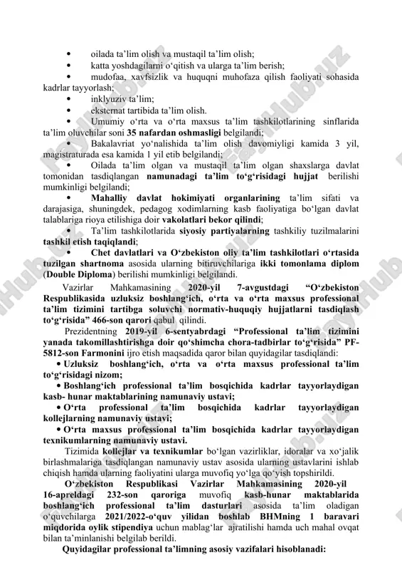 millashtirish borasida qator vazifalar belgilangan. hujjatda ta’lim muassasalarining moddiy-texnik bazasini mustahkamlash, yangi ta’lim muassasalari qurish, mavjudlarini rekonstruksiya qilish va kapital ta’mirlash barobarida ularni zamonaviy o‘quv va laboratoriya jihozlari, kompyuter texnikasi, o‘quv-metodik qo‘llanmalar bilan ta’minlash nazarda tutilgan. 2017-2021-yillarda oliy ta’lim tizimini tubdan takomillashtirish dasturini ishlab chiqildi, o‘quv dasturlarini yanada zamonaviylashtirish, pullik xizmatlar ko‘rsatish va moliyalashtirishning qo‘shimcha manbalarini izlashda oliy o‘quv yurtlarining vakolatlarini kengaytirish yo‘li bilan ularning mustaqilligi bosqichma-bosqich rivojlantirib borilmoqda. keyingi yillarda o‘zbekiston respublikasi prezidenti va vazirlar mahkamasining yetmishga yaqin farmon, qaror va farmoyishi qabul qilindi. bu tom ma’noda ta’lim tizimidagi o‘zgarish va yangilanishlar jarayonini boshlab berdi. ijtimoiy-iqtisodiy jabhalarda kechayotgan islohotlar muvaffaqiyati, yurt taraqqiyoti yuqori bilim va malakaga ega mutaxassislarga bog‘liq. keyingi yillarda oliy ta’lim tizimida kechayotgan tub islohotlarning pirovard maqsadi ham ayni ezgu intilishlarni ko‘zlashi bilan ahamiyatli bo‘lmoqda. davlatimiz rahbarining oliy majlisga murojaatnomasida ham oliy ta’lim tizimida tahsil olish uchun teng imkoniyat yaratishga oid ishlarni takomillashtirish, mamlakatimizda bitiruvchilarni oliy ta’lim …