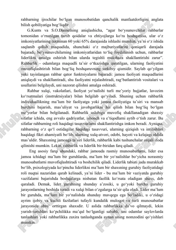 kompetentligi yo‘nalishidagi baʼzi kamchiliklari haqida quyidagi holatlarni tahlil qilindi: -maktablarda boshqaruv ishlarini talab darajada emasligi; -fidoyilik, ijodkorlik, tashkilotchilik, kreativlikning yetishmasligi; -huquqiy madaniyat va savodxonlikning pastligi; -adolatlilik, halollik va insoflilikning yetishmasligi; -ish jarayonida mahalliylik va urug‘ aymoqchilikning ustuvorligi; -metodik birlashmalarga eʼtibor bermaslik, tashabbuskorlik va tadbirkorlikning yo‘qligi; -maktablarda jamoa ishlarini noto‘g‘ri taqsimlash va nazoratning pastligi; -kasbiy va ilmiy tajribaga ega emaslik . yuqoridagi mulohazalarni o‘qib o‘rganib, bugungi taʼlim- tarbiya sohasidagi qabul qilayotgan qarorlar asosida bugungi taʼlim jarayoniga menejerlik qilaman degan har bir iqtidorli shaxs o‘zining kasbiy kompetentligiga tayanib, rahbarlik ishlarini tashkil qilishi lozim. umuman olganda, taʼlim muassasalaridagi muvoffaqiyatlar rahbarning ijrochilar mexnatiga bo‘lgan munosabatlaridan qanchalik manfaatdorliklarni anglata bilish.qobiliyatiga sezilarli darajada bog‘liqdir. zamonaviy menejerning muhim boshqaruv maqsadi o‘z xodimlarini axloqiy hamda yuksak darajaga ko‘tarishi ularni maʼnaviy jihatdan sog‘lom jamoaga aylantirishdan iboratdir. umuman olganda, ta’lim muassasasidagi muvaffaqiyatlar rahbarning ijrochilar bo‘lgan munosobatidan qanchalik manfaatdorligini anglata bilish qobiliyatiga bog‘liqdir. g.kunts va s.o.dannelning aniqlashicha, “agar bo‘ysunuvchilar rahbarlar tomonidan …