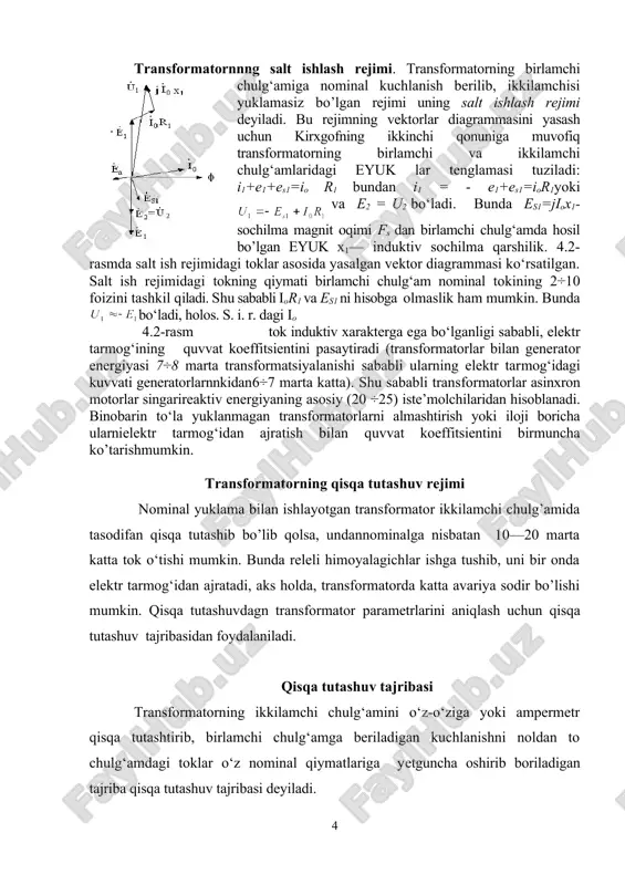 lg‘amga beriladigan kuchlanishni noldan to chulg‘amdagi toklar o‘z nominal qiymatlariga yetguncha oshirib boriladigan tajriba qisqa tutashuv tajribasi deyiladi. 4.3-rasm 4.3-rasmda transformatorning qisqa tutashuv tajribasiga doir ulanish sxemasi, ekvivalent sxemasi va vektor diagrammasi berilgan. bunda birlamchi chulg‘amga beriladigan va birlamchi hamda ikkilamchi chulg‘amda nominal toklar hosil qiladigan kuchlanish qisqa tutashuv kuchlanishi uk deyiladi. uning qiymati uk = (5,5 ÷11) %u1n, bo‘ladi (u1n birlamchi chul-g‘amning nominal kuchlanishi). (uk qiymati kichik bo‘lgani sababli po‘lat o‘zakning qizishiga sarflangan quvvat isrofi hisobga olinmaydi. shunga ko‘ra ekvivalent sxemada ham magnitlovchi zanjir ko‘rsatilmasligi mumkin. bunda ikkala chulg‘amdagi toklar nominal bo‘lgani uchun vattmetr bilan o’lchab olinadigan pk quvvat chulg‘amlarini qizitishga sarflanuvchi quvvat isrofi pm deb qabul qilinadi, yani pm = pk bu quvvat umumiy quvvatning 1—3 foizini tashkil qiladi, ya’ni pk = (1 ÷z) %sn qisqa tutashuv tokidan o‘lchab topilgan pk, uk va ik dan foydalanib, vektor diagrammasini yasash uchun kerakbo‘lgan quyidagi parametrlar aniqlanadi: 4 _1659378121.unknown _1659378122.unknown _1659378123.unknown …