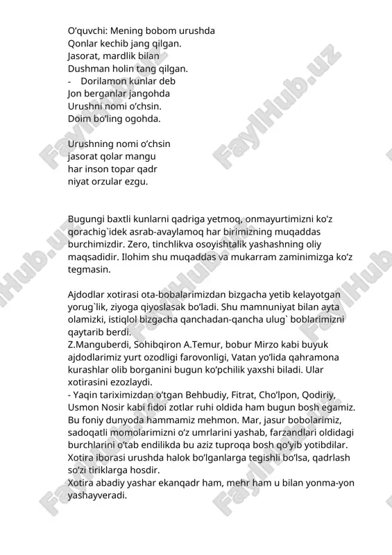 am u bilan yonma-yon yashayveradi. · ushbu kun o’tganlarni yana bir bor yod etib, osmonimiz musaffoligi, xaqimiz tinchligi yo’lida jonlarini fido etgan ajdodlar xotirasi oldida bosh egamiz. · yillar umrimizga qilarmi shafqat, biror ish bormikan aylagali yod. qayta tiklash mumkin barchasin faqat qayta tiklanmagay o’chsa xotira. “tarixiy xotirasiz kelajak yo’q” deya ta’kidlab o’tgan edi yurtboshimiz. biz xotira so’zining yonginasida qadr degan iborani ham ishlatamiz. nima uchun? chunki xotira va qadr bir-birisiz yashayolmagay. 2-boshlovchi: muhtaram mehmonlar, aziz ustozlar, ilmga tashna o’quvchilar “xotira va qadrlash kuni” ga bag’ishlab o’tkazilgan tadbirlarimizga shu bilan yakun yasaymiz va xotira qadr tushunchalari hech birimizni tark etmasligini tilab qolamiz.