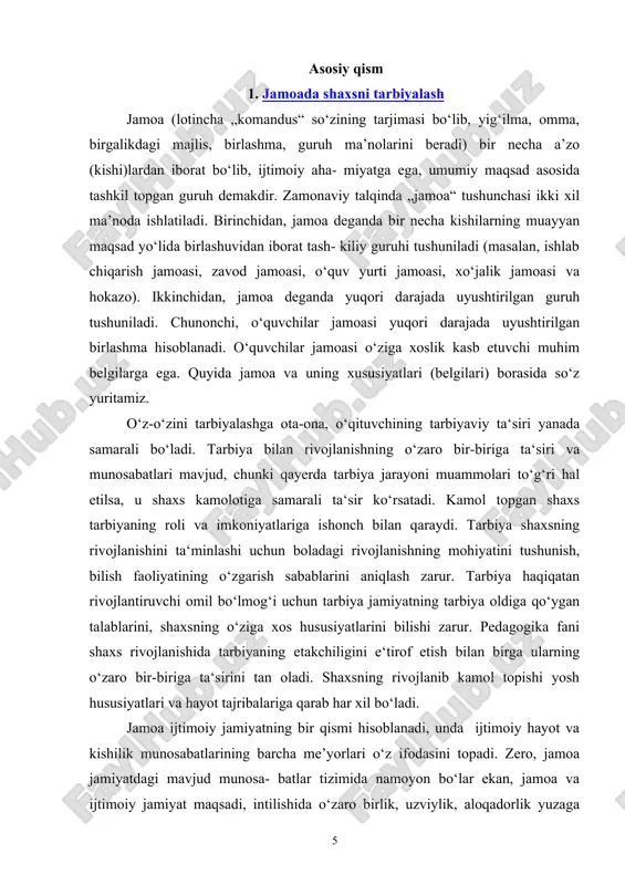 rlik yuzaga keladi. shu bois jamoa hayotining aniq (yagona) maqsadga qa- ratilganligi va ijtimoiy-g‘oyaviy xususiyat kasb etishi uning ye- takchi belgisi sanaladi. har bir jamoa boshqa jamoalar bilan uzviy aloqadorlikda mavjud bo‘ladi. muayyan jamoaning har bir a’zosi jamiyat ijtimoiy faoliyatini tashkil etish jarayonida o‘z jamoasi bilan birgalikda ishtirok etadi. jamoa a’zolarining inti- lishlarini tushunish, jamoa oldiga qo‘yilgan maqsad mohiyatini chuqur his etish hamda uning shaxsni shakllantirishdagi o‘rni va rolini to‘g‘ri baholay olish jamoa a’zolarining umumiy va xususiy (shaxsiy) maqsad, qiziqishi, ehtiyoj va faoliyatlari o‘rtasidagi birlikni namoyon etadi hamda jamoaning bo‘linishiga yo‘l qo‘ymaydi. har bir jamoa o‘z-o‘zini boshqarish organiga ega va umumiy jamoaning uzviy qismi sanaladi. shuningdek, u maqsadning birligi va tashkil qilish xususiyatlari orqali umummilliy jamoa bilan bog‘lanadi. ijtimoiy jamiyat ehtiyojini qondirishga yo‘nal- tirilgan birgalikdagi faoliyat jamoaning navbatdagi muhim xusu- siyatidir. jamoa faoliyatining ijtimoiy-g‘oyaviy yo‘nalishi ham jamoaning faoliyati mazmunida o‘z aksini topishi muhim ahami- yatga ega. jamoa xususiyatini aniqlashda kishilar …