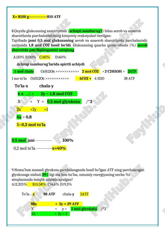 ulaga oshganligini aniqlang. (hujayra tarkibidagi adf va atf molekulalari soni faqatgina glukoza molekulalarining sintezlanishi va parchalanishi hisobiga o‘zgargan deb hisoblang) a)32 b)24 c)64 d)96 assimilatsiya 180 g sintezlanganda --------------- 18 atf sarf 630 ------------------------------- x= 63 atf sarflanadi dissimilatsiya 180 g to’la --------------------- 38 atf 450 g ---------------------------- x= 95 atf hosil bo’ladi 95 atf hosil- 63atf sarf= 32 atf + ko’payyapti. 14.to`liq va to`liqsiz parchalangan glyukozani nisbati 1:2 bo`lib shu jarayon natijasida sitoplazmada jami 18 mol atf hosil bo`lgan. shu jarayon natijasida mitoxondriyada hosil bo`lgan atf sitoplazmada hosil bo`lgan atfga nisbatan necha marta ko`pligini aniqlang. a)9 b)6 c)15 d)8 to’liq chala 1 : 2 sitoplazma 2 atf + 2atf *2= 4atf = 6atf mitoxondriya 36 atf 0 atf jami= 36 atf 36/6=6 marta ko’p 15.noma’lum massali glyukoza parchalanganda hosil bo’lgan atf parchalangan glyukozaga nisbati 14:1 ligi ma’lum bo’lsa necha % energiya atf da to’plangan? a)52,5 % b) 42,85% c)47,5% …
