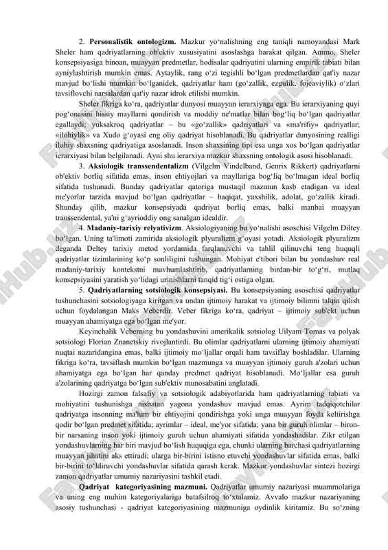 ma'noda ishlatish mumkin, ammo bu tushunchani inson qadriga va qadriyatlariga nisbatan ishlatish nojoiz. zero, qarilik qadrsizlanish bo‘lmagani kabi yoshlik ham beqadrlik degani emas” deb ta'kidlaydi. binobarin o‘z shaxsi va boshqalarning qadrini anglash uchun insonning ma'naviy dunyosi ezgulikka xizmat qilishi, yuksak ijtimoiy sifatlarga ega bo‘lishi, uning o‘zi esa hayotning bebaho ne'mat ekanligini anglaydigan darajada tarbiyalangan bo‘lmog‘i lozim. demak, qadim zamonlardan boshlab hozirgi vaqtgacha falsafada qadriyat muayyan narsaning atributimi yoki u shaxs va jamiyat ehtiyojlari bilan belgilangan baholash mahsulimi, degan masala atrofida turli falsafiy maktablar va yo‘nalishlarning vakillari o‘rtasida muhokama qilingan va u hozir ham davom etmoqda. birinchi holda qadriyat insondan qat'iy nazar mavjud bo‘lgan ob'ektiv narsa yoki hodisa sifatida talqin qilinadi. ikkinchi holda qadriyat tushunchasi erkin xususiyatga ega bo‘lgan sub'ektiv nisbiy mulohazalar bilan bog‘lanadi. qadriyatlar mazmuni ob'ektlardan emas, balki insonning ehtiyojlaridan kelib chiqadi. bu ikki qarama-qarshi nuqtai nazar qadriyat tushunchasining ba'zi bir xususiyatlarini aks ettiradi, lekin u haqda aniq tasavvur hosil …