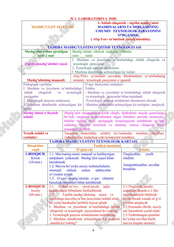 lash yaramaydi, chunki chiqayotgan uchqun ajralib chiqayotgan gazni portlatishi mumkin; yong’in chiqqan taqdirda elektr tarmog’ini o’zib, o’tni o’chirishga kirishish zarur. agar tarmoqni uzish mumkin bo’lmasa, karbonat angidridli o’t o’chirgich bilan o’tni o’chirish kerak, chunki suyuq karbonat angidrid tok o’tkazmaydi. 21. maxsus ajratilgan joylarda faqat tanaffus vaqtida chekishga ruxsat etiladi. 22.neft maxsulotlari bilan ifloslangan joylar darxol tozalab qo’yilishi kerak. bu maydonchaga qum yoki qipiq sepish kerak, ular neft mahsulotlarini shimib olgach, ularni xonadan chiqarib tashlash kerak. 23. artish (vetosh) materiallari zich metall yashiklarda saqlanishi lozim. ishlatilib bo’lingan artish materialini maxsus ajratilgan joyda yoqib yuborish kerak. 24.yong’inga qarshi vositalarning joyni, ulardan foydalanishni bilish zarur. 25.yonuvchi aralashmalar o’t olgan xollarda uni o’t o’chirgich yordamida, qum sepib, namat (biroq suv sepmay) yopib o’chirish lozim. № 1- laboratoriya ishi mashg’ulot mavzusi: 1- ishlab chiqarish – tajriba mashg’uloti mashinalarni ta’mirlashning umumiy texnologik jarayonini o’rganish ( «oq-yor» ta’mirlash zavodi misolida). tajriba mashg’ulotini o’qitish texnologiyasi mashg’ulot uchun ajratilgan …