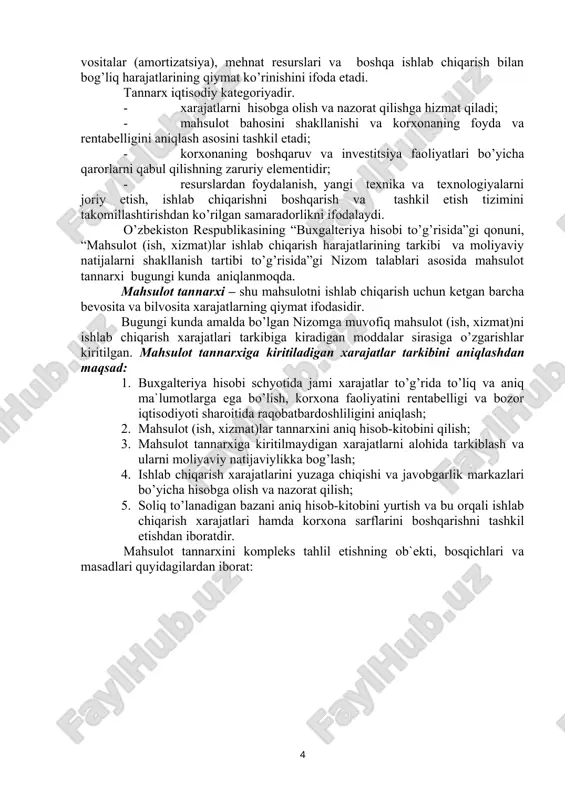 larini aks ettiruvchi ko’rsatkichlardir. shu tufayli ishlab chiqarish xarajatlarini to’g’ri hisobga olish va mahsulot tannarxini kal kulyatsiya qilish hamda tahlil qilish boshqaruv hisobi hamda moliyaviy va boshqaruv tahlili fanlarining muhim vazifalaridan biridir. bugungi kunda korxona faoliyatining muhim ko’rsatkichlaridan va unga baho beradigan mezon ko’rsatkichlaridan biri, foyda va rentabellikdir. foydaga ta`sir etuvchi omil bu tannarxdir. har bir xo’jalik sub`ektini moliyaviy va boshqaruv tahlili orqali ishlab chiqarish, bajarilgan ish, ko’rsatilgan xizmatlar uchun harajatlarni maqsadga muvofiq sarflanishi va ular samaradorligi baholanadi. xarajatlar jami ishlab chiqarish (tovarlar, xizmatlar), uchun sarflangan pul mablag’laridir. mahsulot ishlab chiqarish tannarxi yoki qayta ishlash jarayonida ishlatilgan tabiiy resurslar, homashyo, materiallar, yoqilg’i, energiya, asosiy vositalar (amortizatsiya), mehnat resurslari va boshqa ishlab chiqarish bilan bog’liq harajatlarining qiymat ko’rinishini ifoda etadi. tannarx iqtisodiy kategoriyadir. · xarajatlarni hisobga olish va nazorat qilishga hizmat qiladi; · mahsulot bahosini shakllanishi va korxonaning foyda va rentabelligini aniqlash asosini tashkil etadi; · korxonaning boshqaruv va investitsiya faoliyatlari …